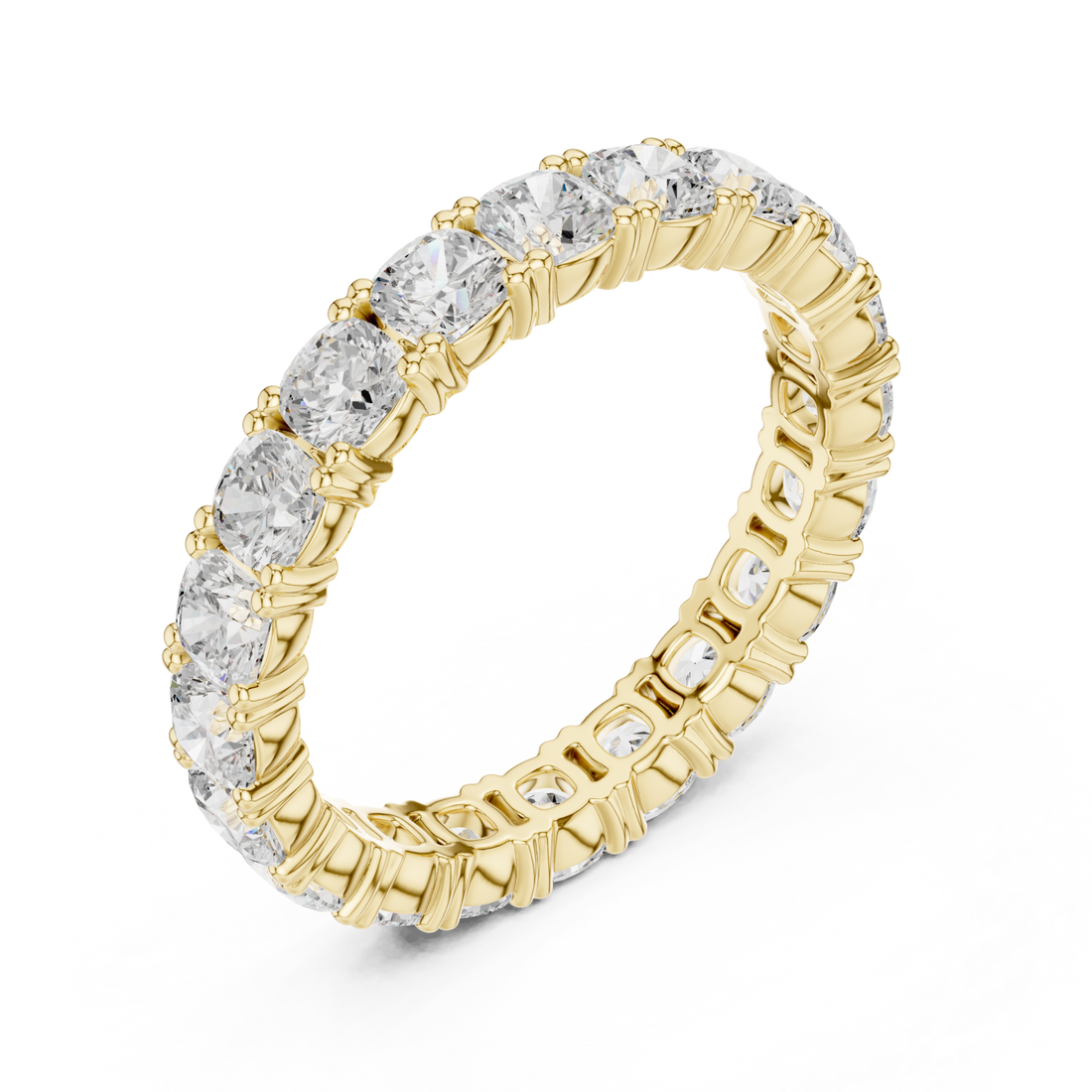 Cushion shared-prong full eternity band yellow gold front view
