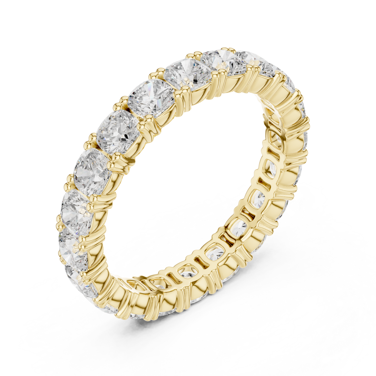 Cushion shared-prong full eternity band yellow gold front view