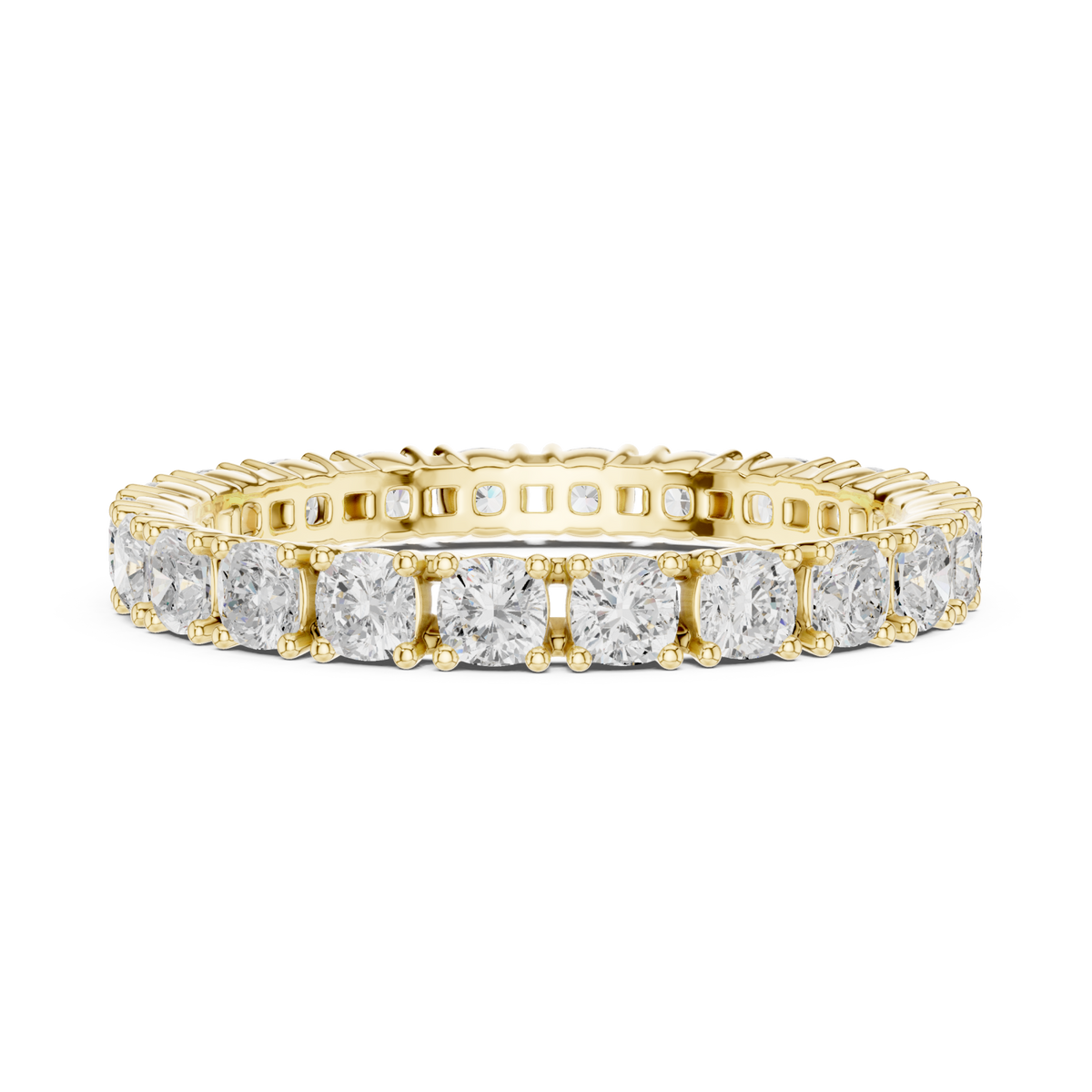 Cushion shared-prong slim full eternity band yellow gold angle view