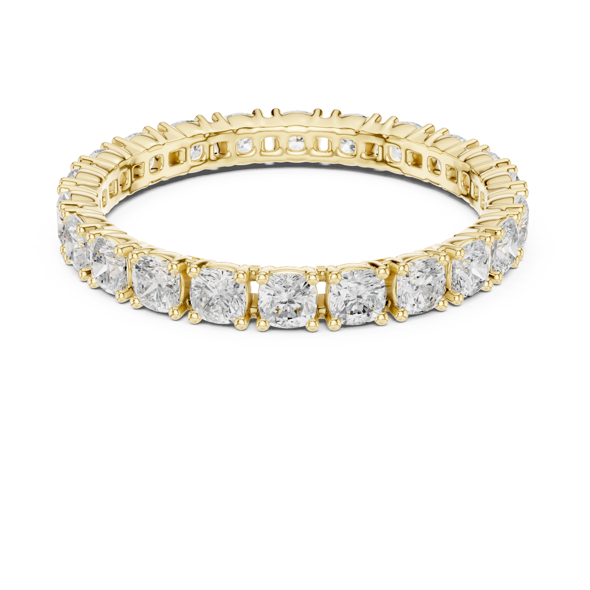 Cushion shared-prong slim full eternity band yellow gold detail view