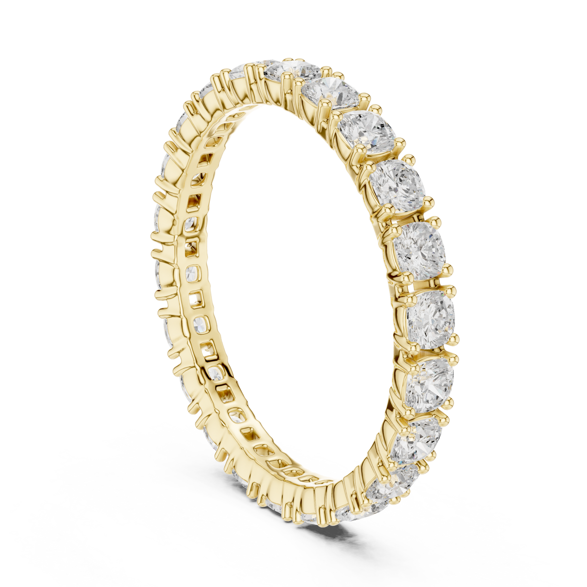 Cushion shared-prong slim full eternity band yellow gold side view