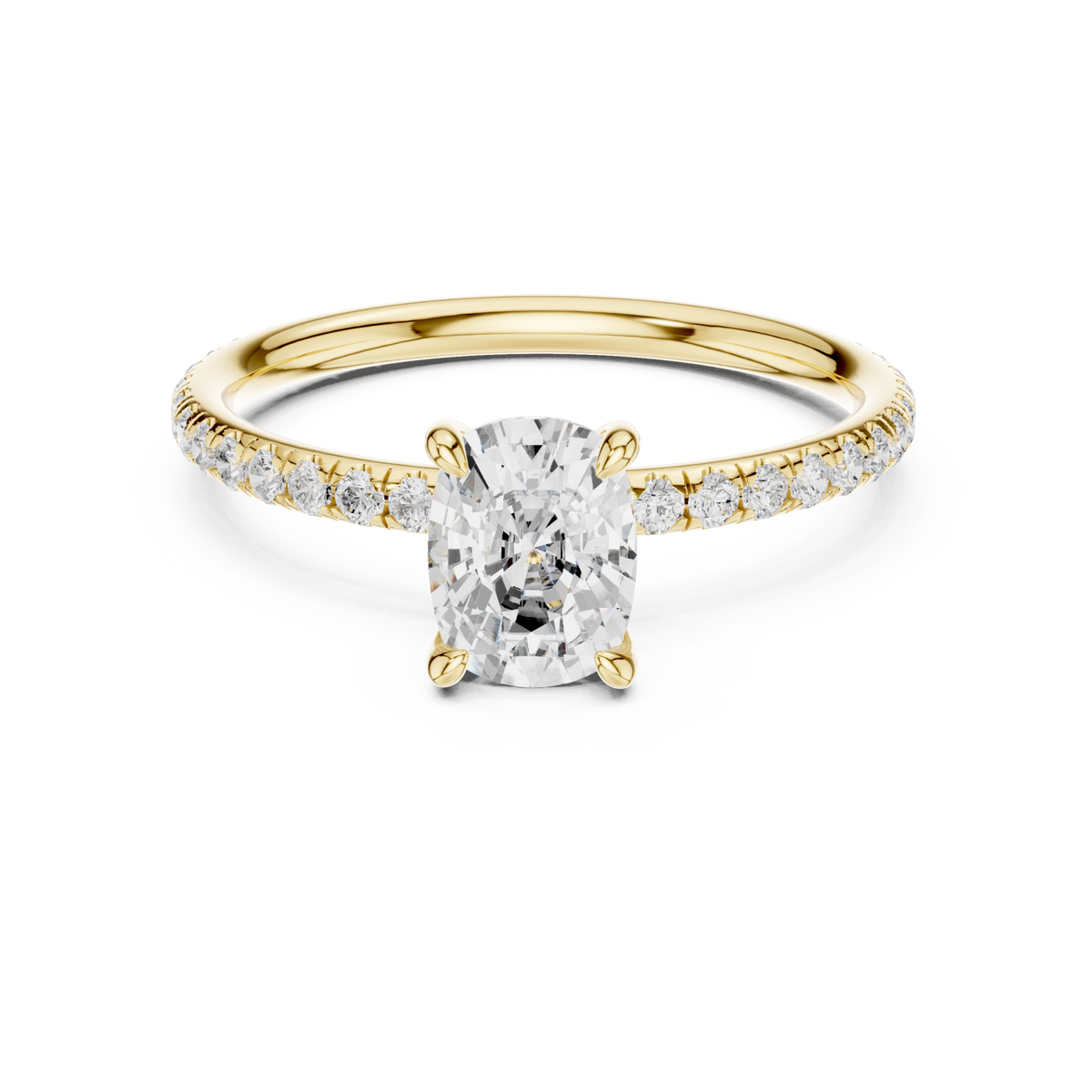  Gold Cushion Four-Prong Pave Engagement Ring Side View