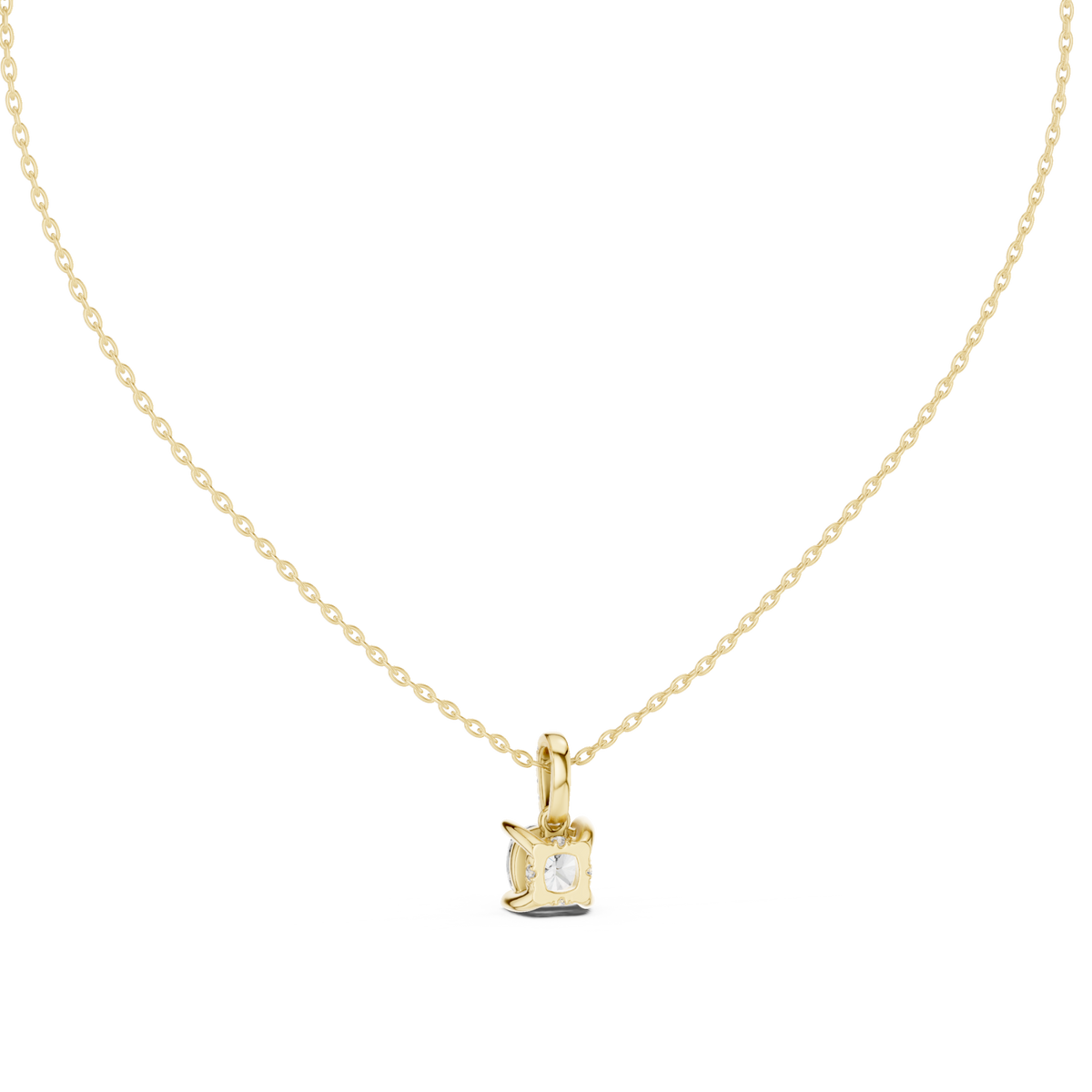Cushion solitaire pendant with pave bail yellow gold detail view