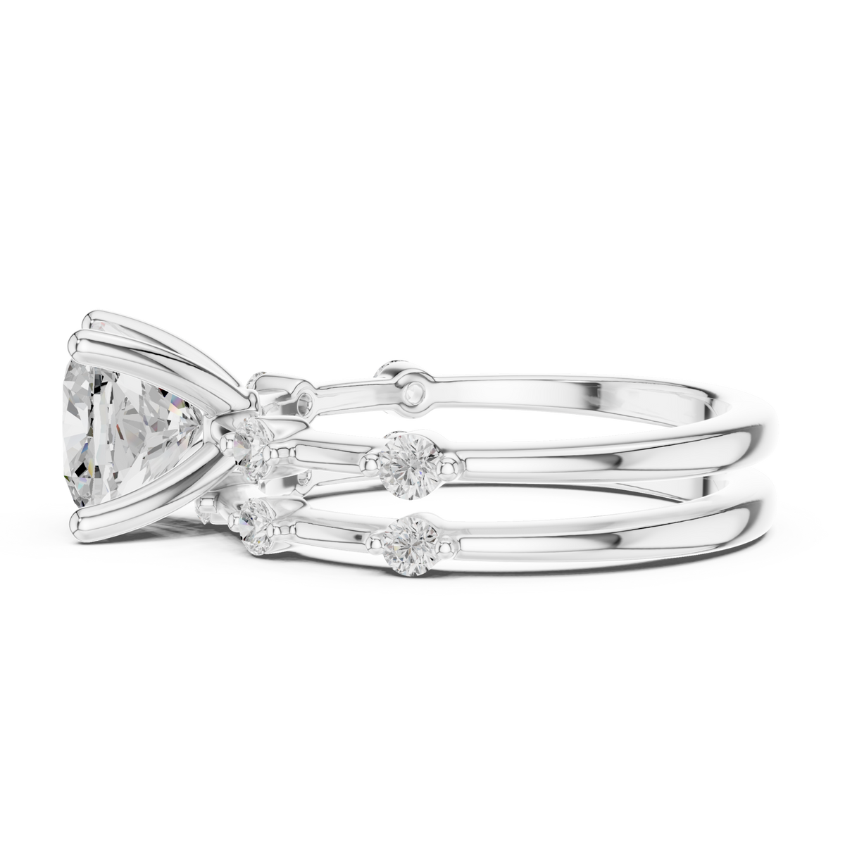 Cushion spaced accent bridal set white gold side view