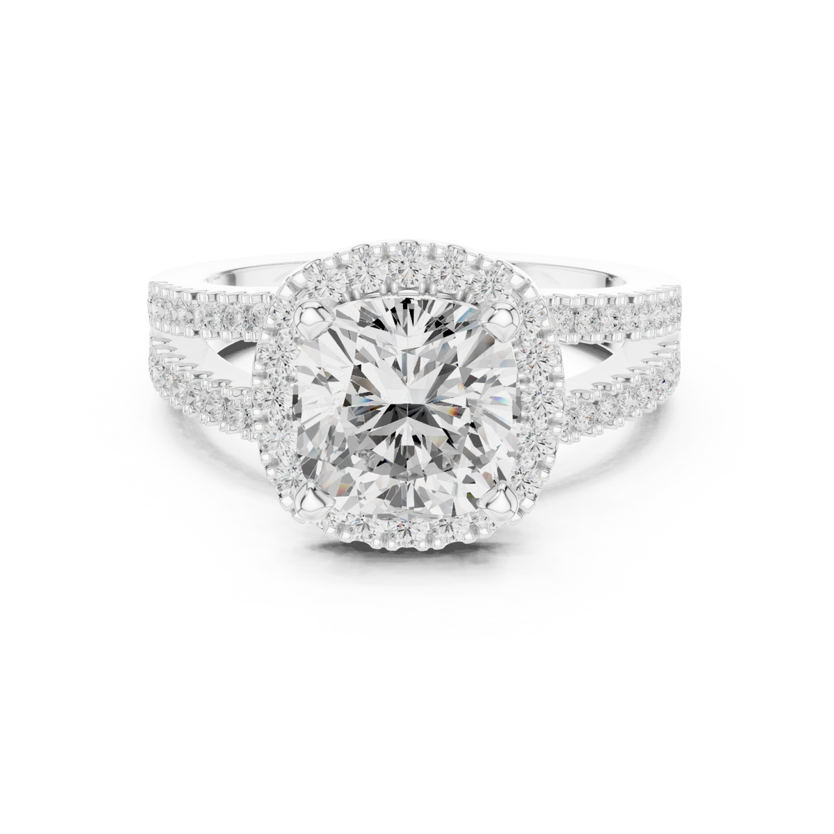 Cushion split shank halo engagement ring white gold detail view