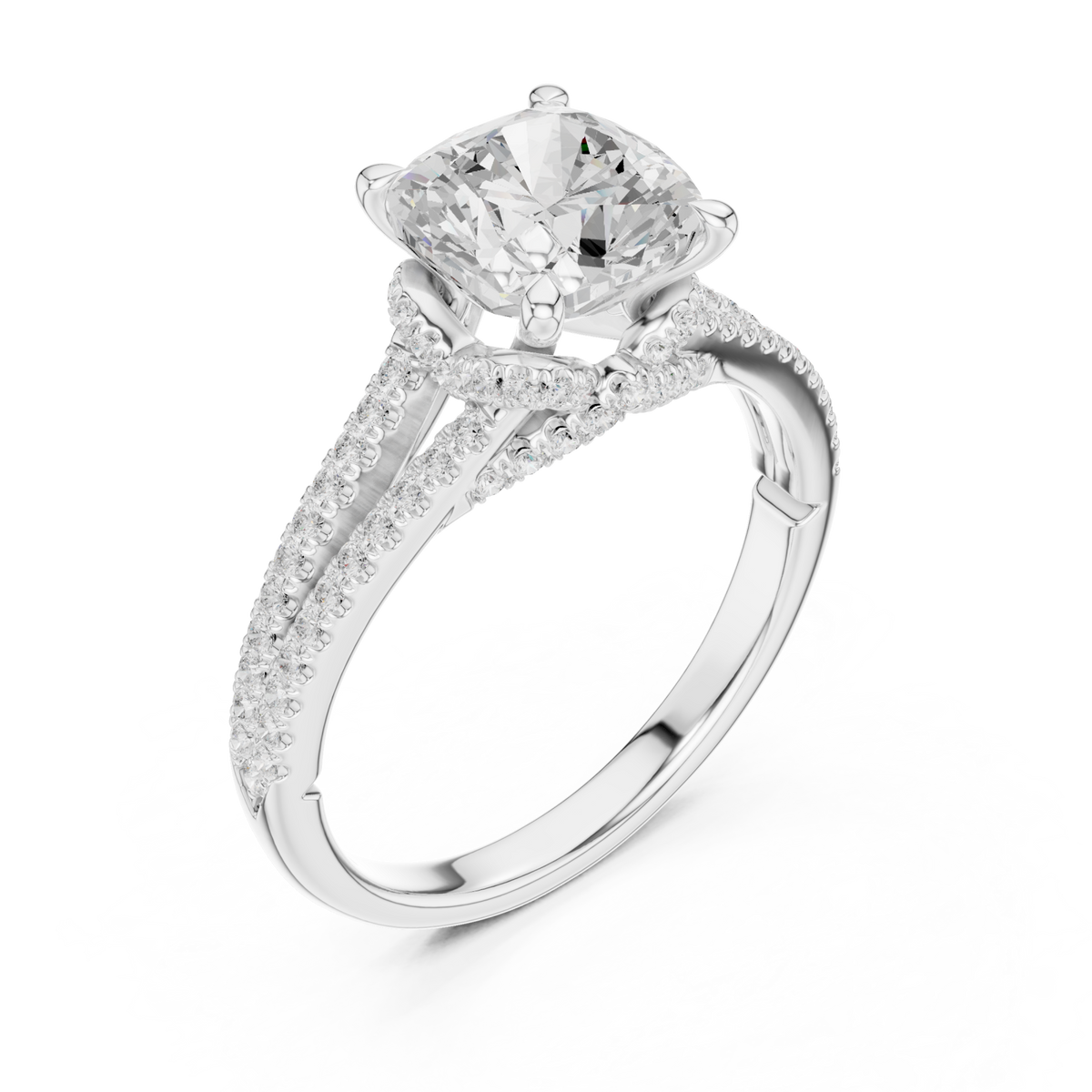 Cushion split shank pave engagement ring white gold angle view
