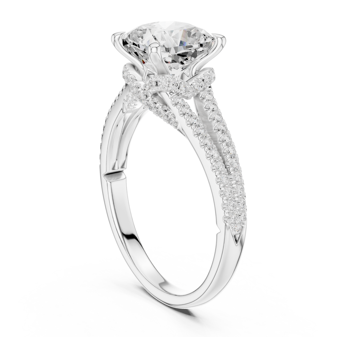 Cushion split shank pave engagement ring white gold front view