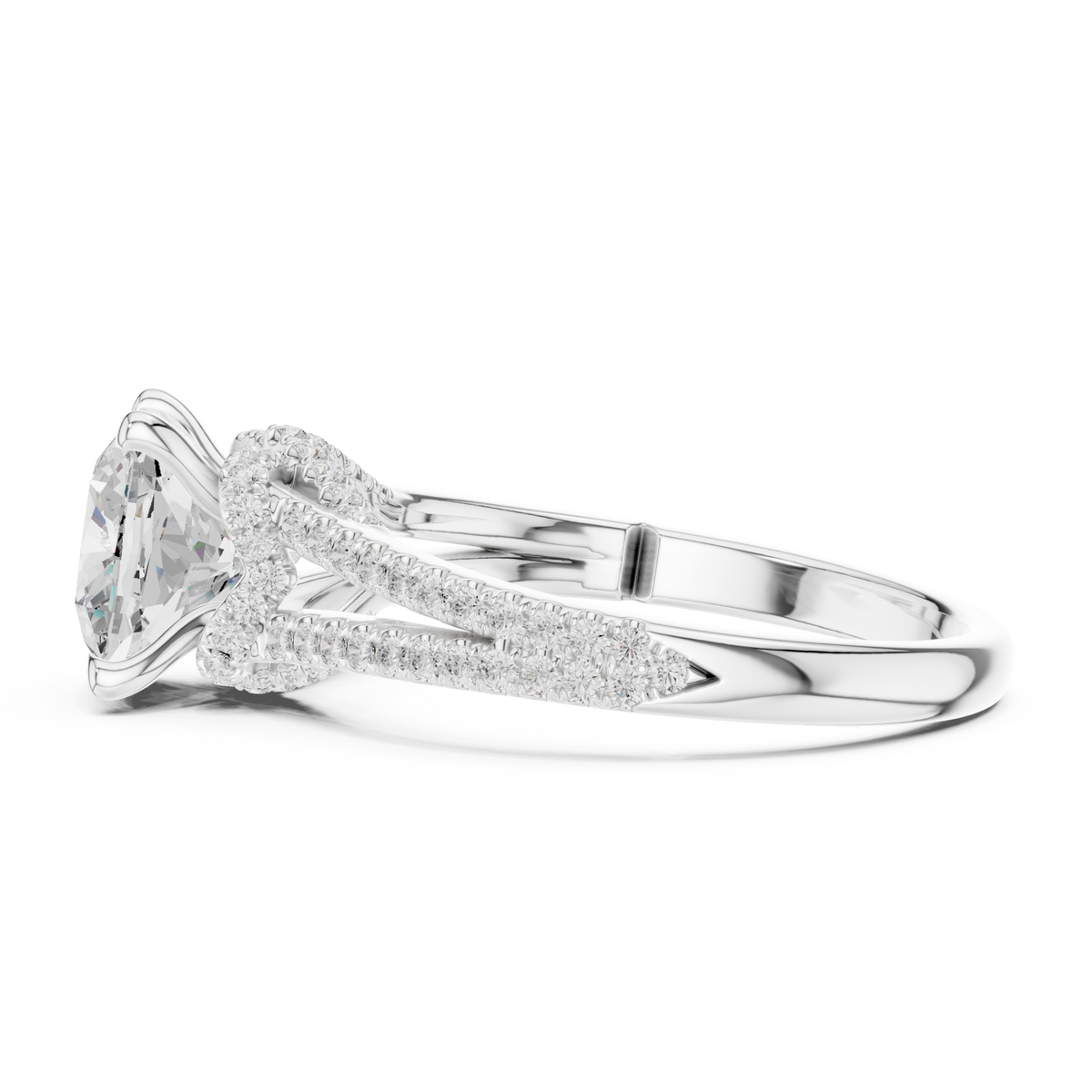 Cushion split shank pave engagement ring white gold side view