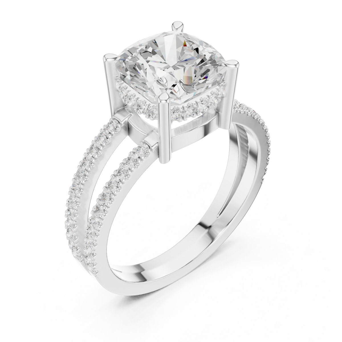 Cushion split shank pave solitaire engagement ring white gold angle view