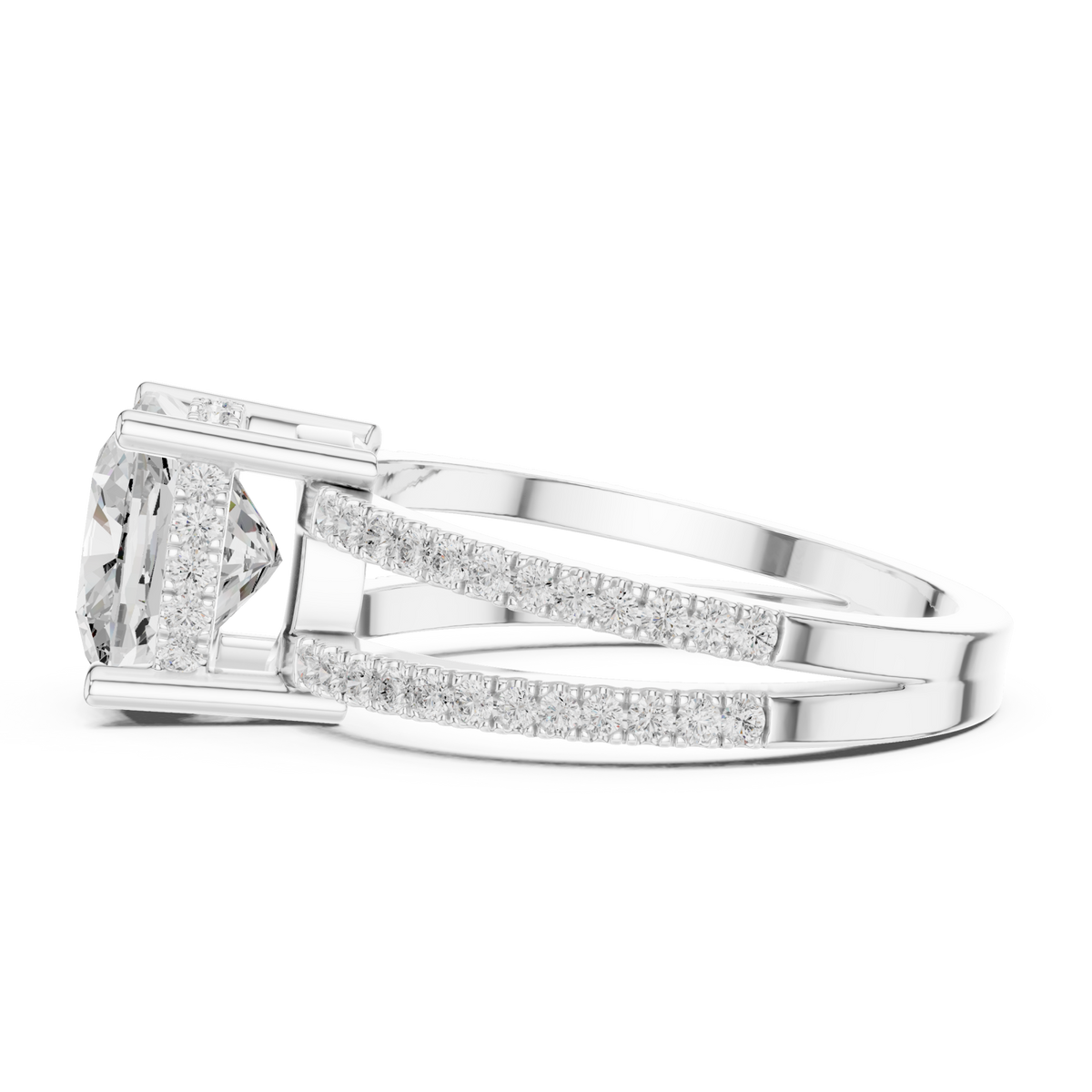Cushion split shank pave solitaire engagement ring white gold side view