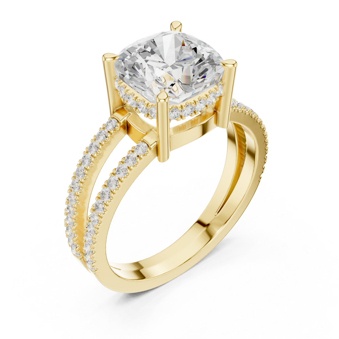 Cushion split shank pave solitaire engagement ring yellow gold front view