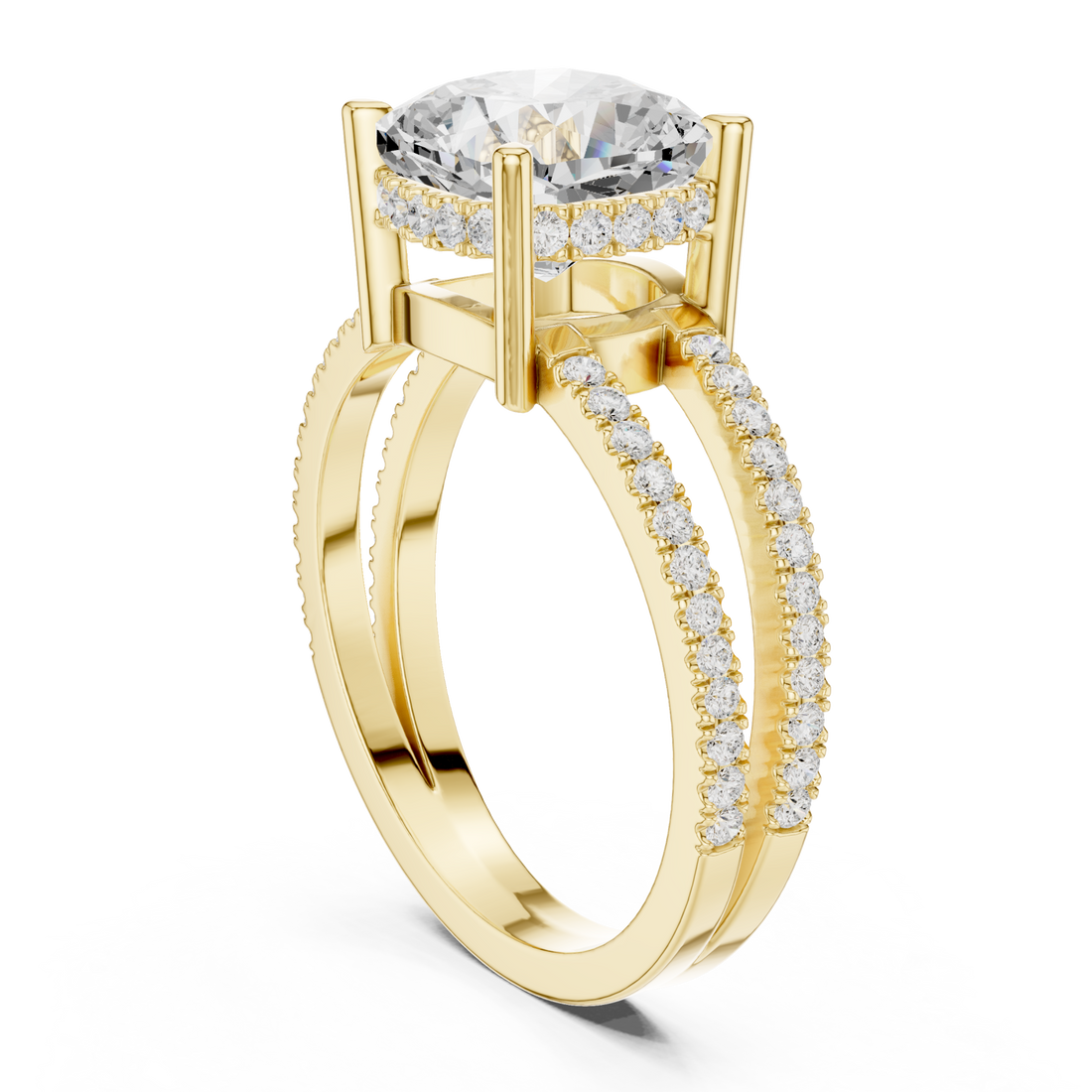 Cushion split shank pave solitaire engagement ring yellow gold front view