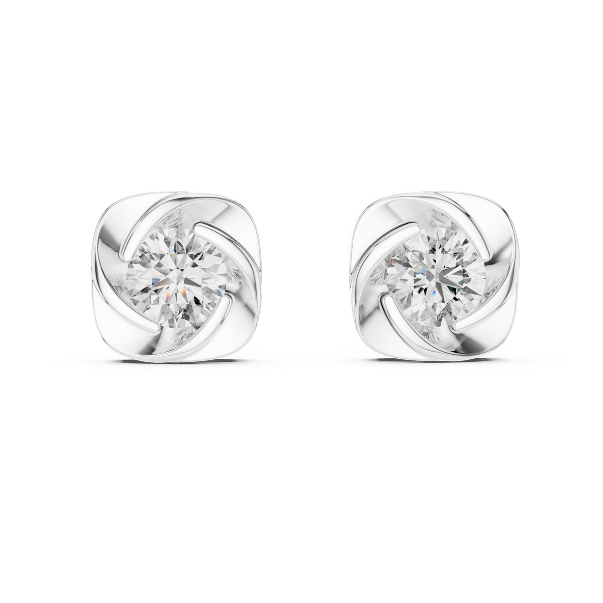  White Gold Cushion Swirl Solitaire Studs Detail View