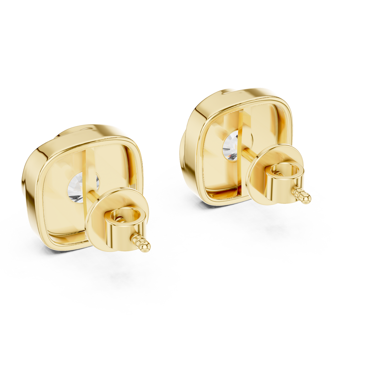  Gold Cushion Swirl Solitaire Studs Angle View
