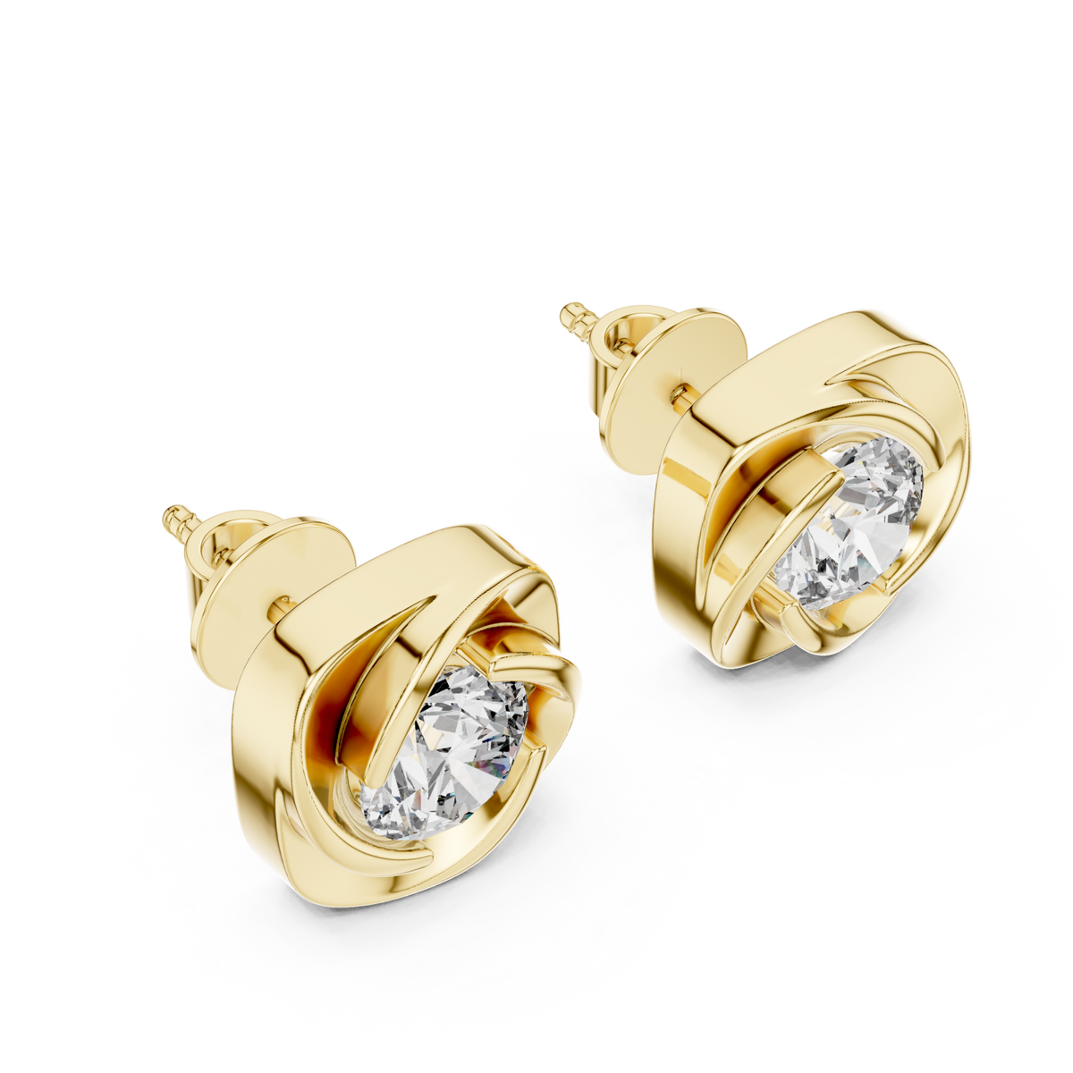 Gold Cushion Swirl Solitaire Studs Front View
