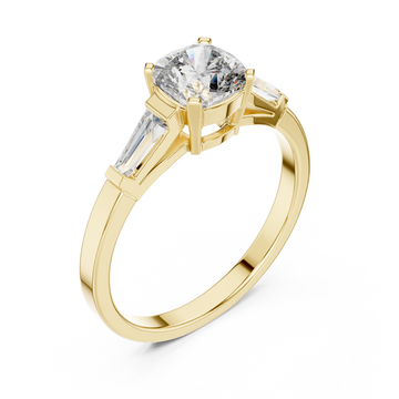 Cushion tapered baguette solitaire ring yellow gold front view
