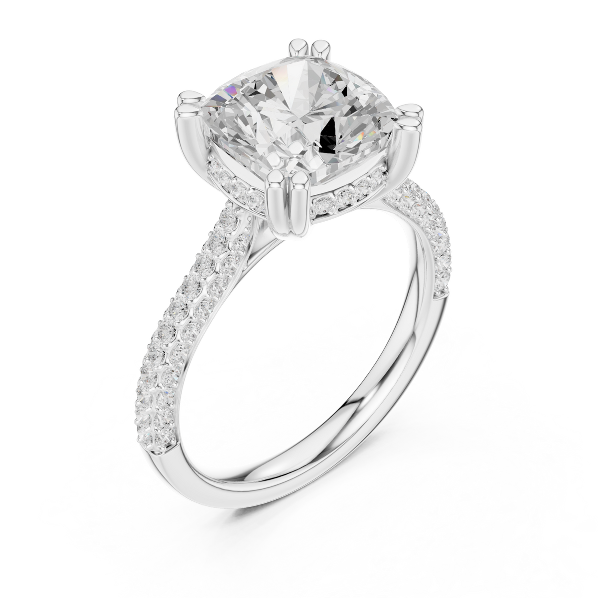 Cushion triple-row pave engagement ring white gold angle view