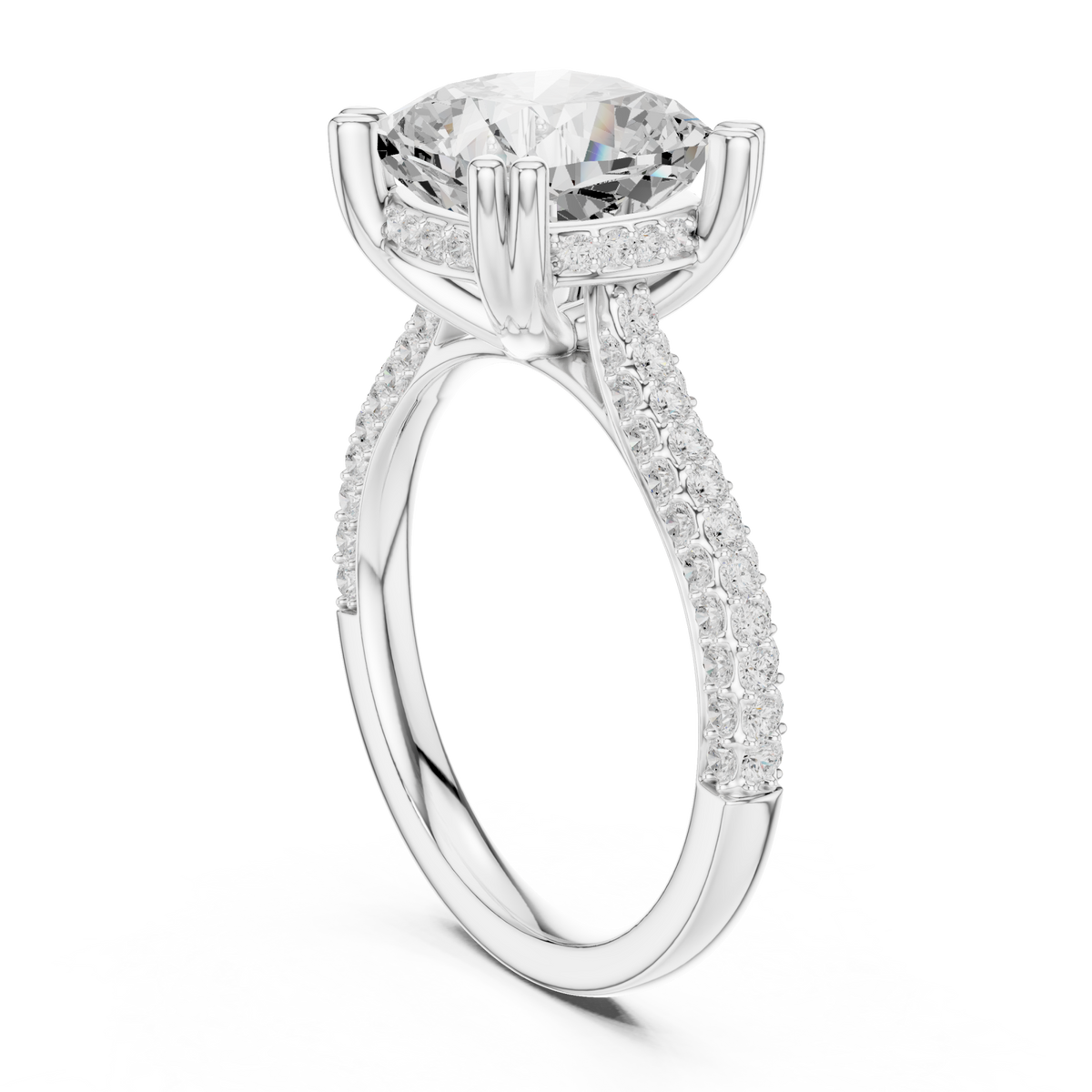 Cushion triple-row pave engagement ring white gold front view