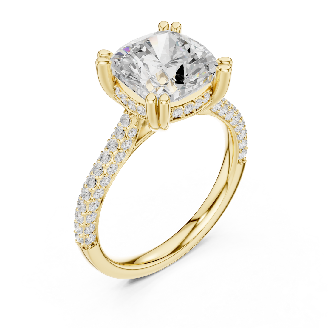 Cushion triple-row pave engagement ring yellow gold front view