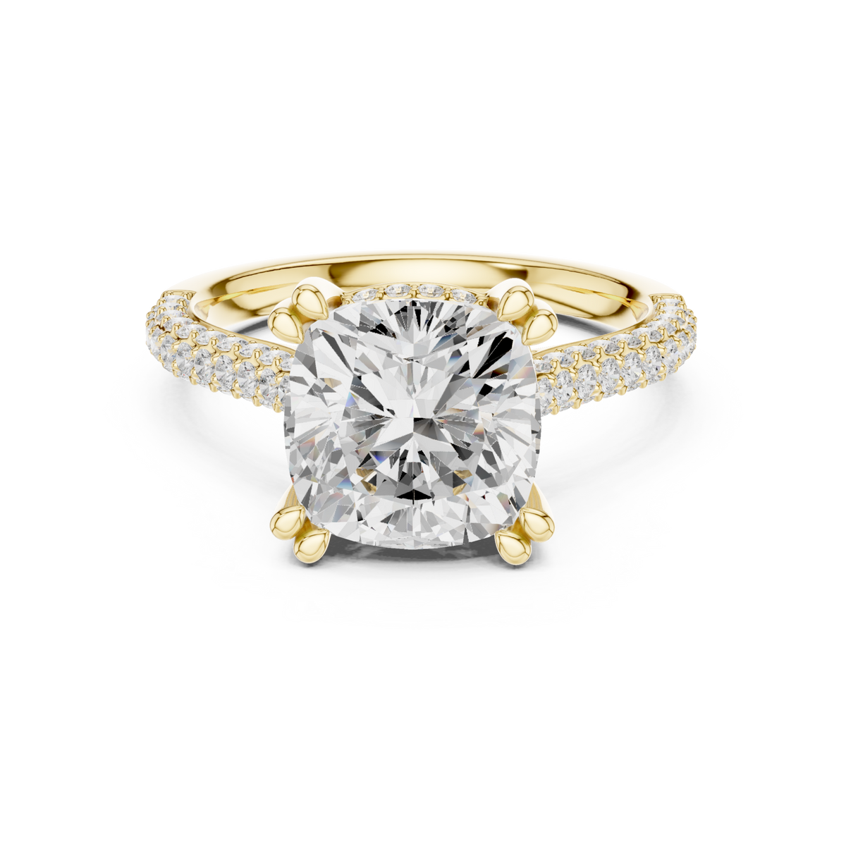 Cushion triple-row pave engagement ring yellow gold detail view