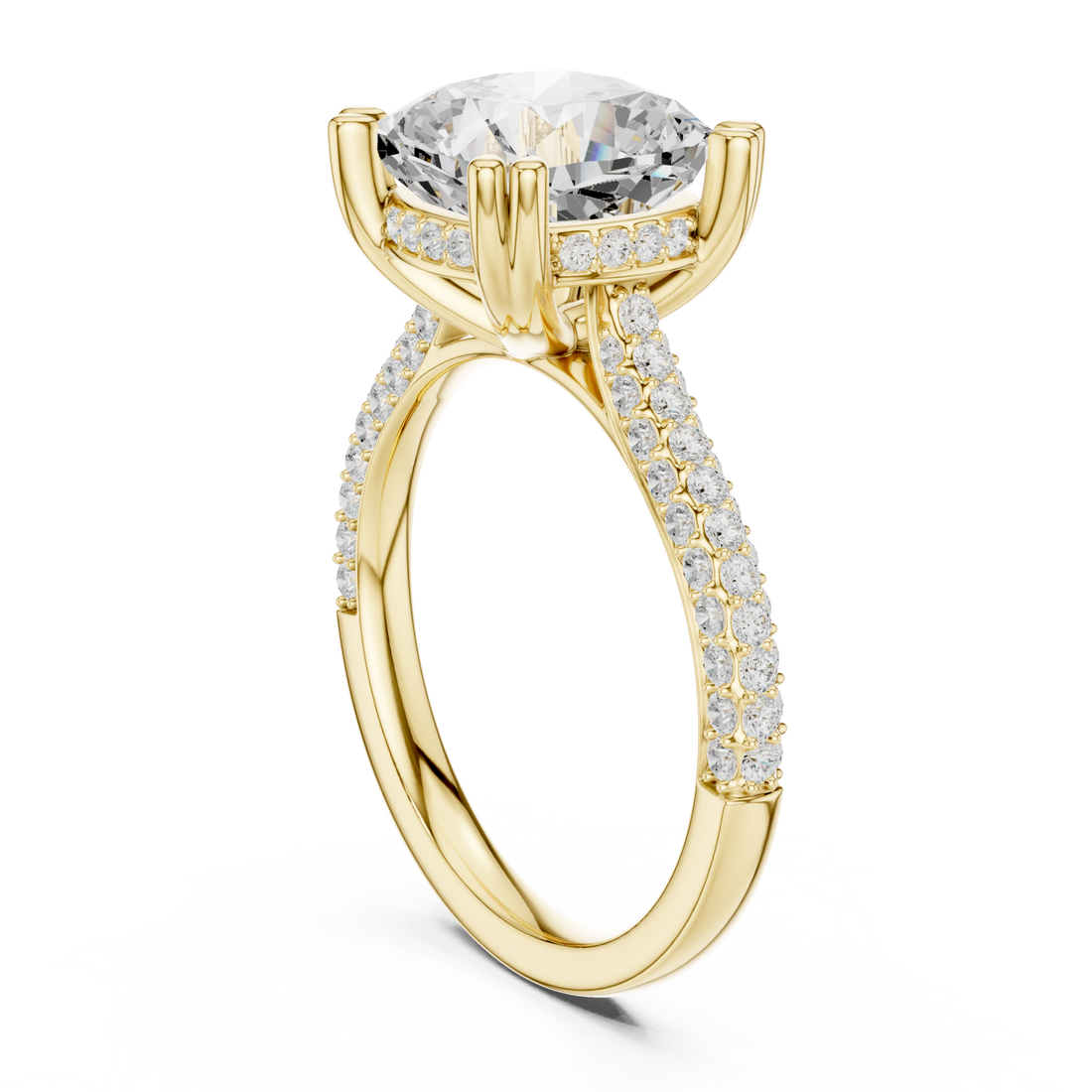 Cushion triple-row pave engagement ring yellow gold front view