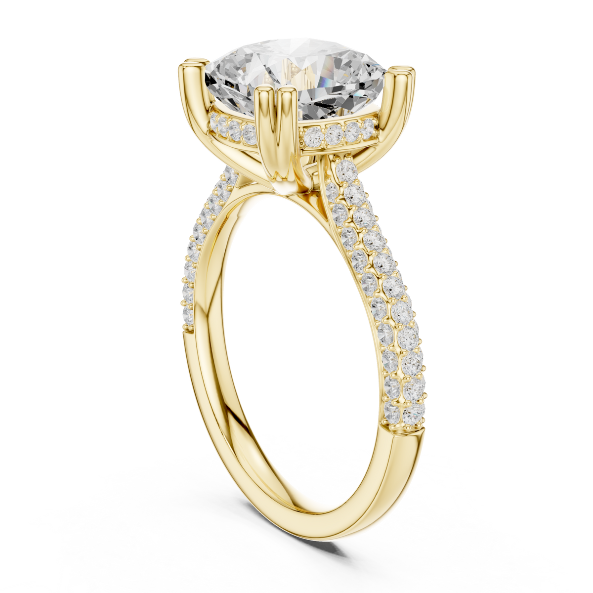Cushion triple-row pave engagement ring yellow gold front view