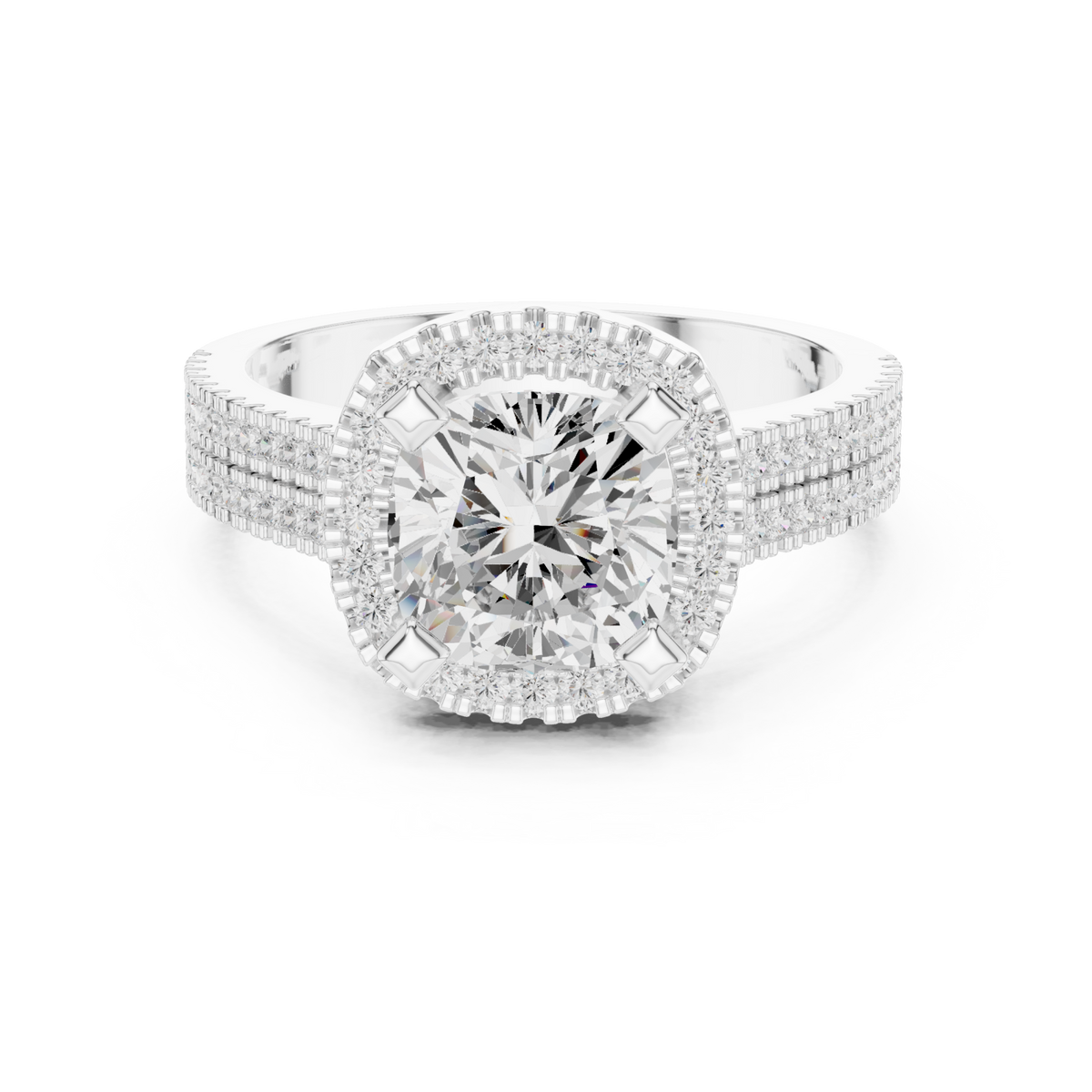 Cushion triple-row pave halo engagement ring white gold detail view