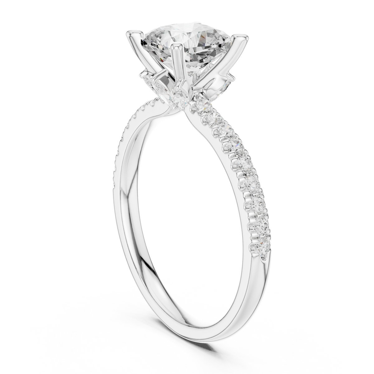 Cushion tulip basket pave engagement ring white gold front view