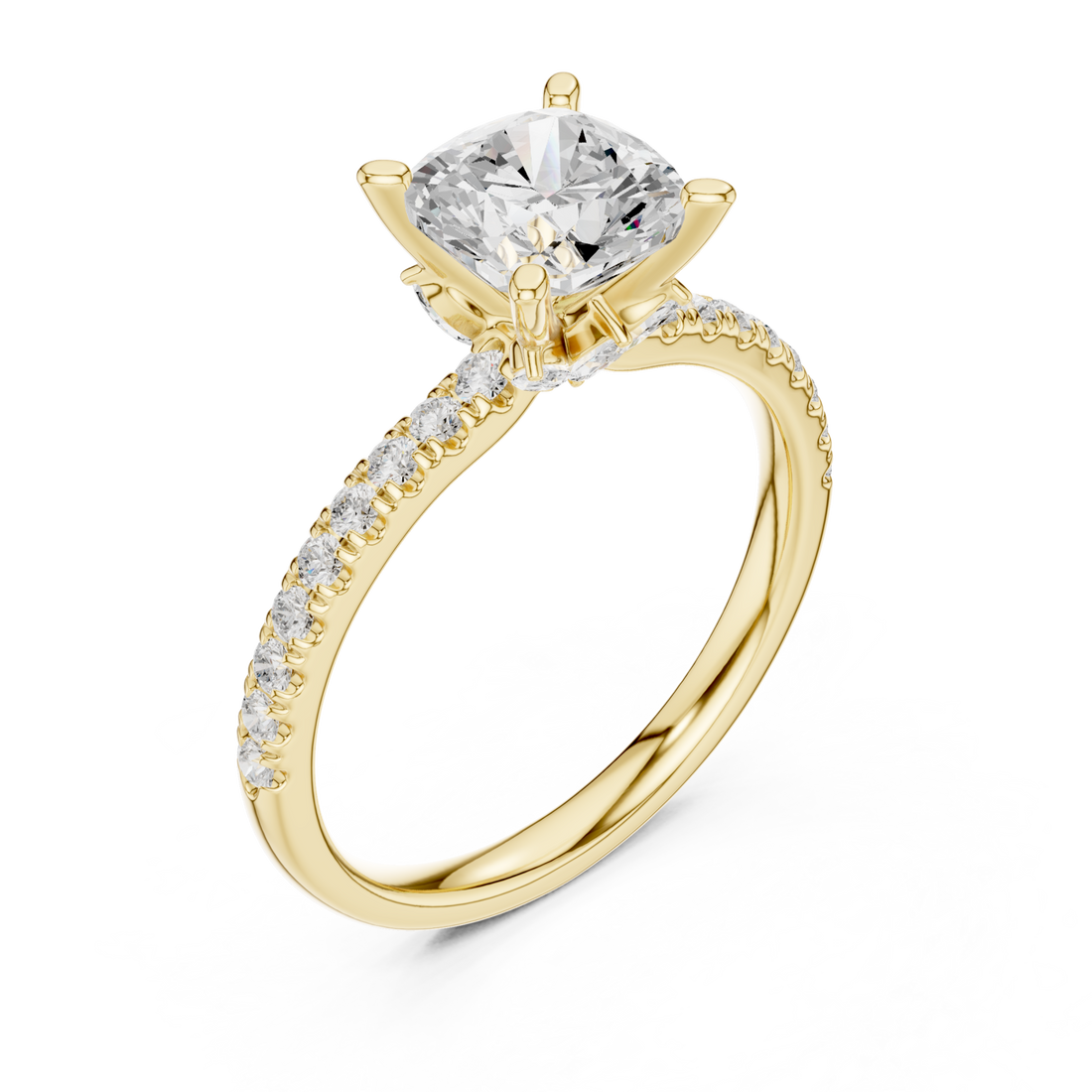 Cushion tulip basket pave engagement ring yellow gold front view