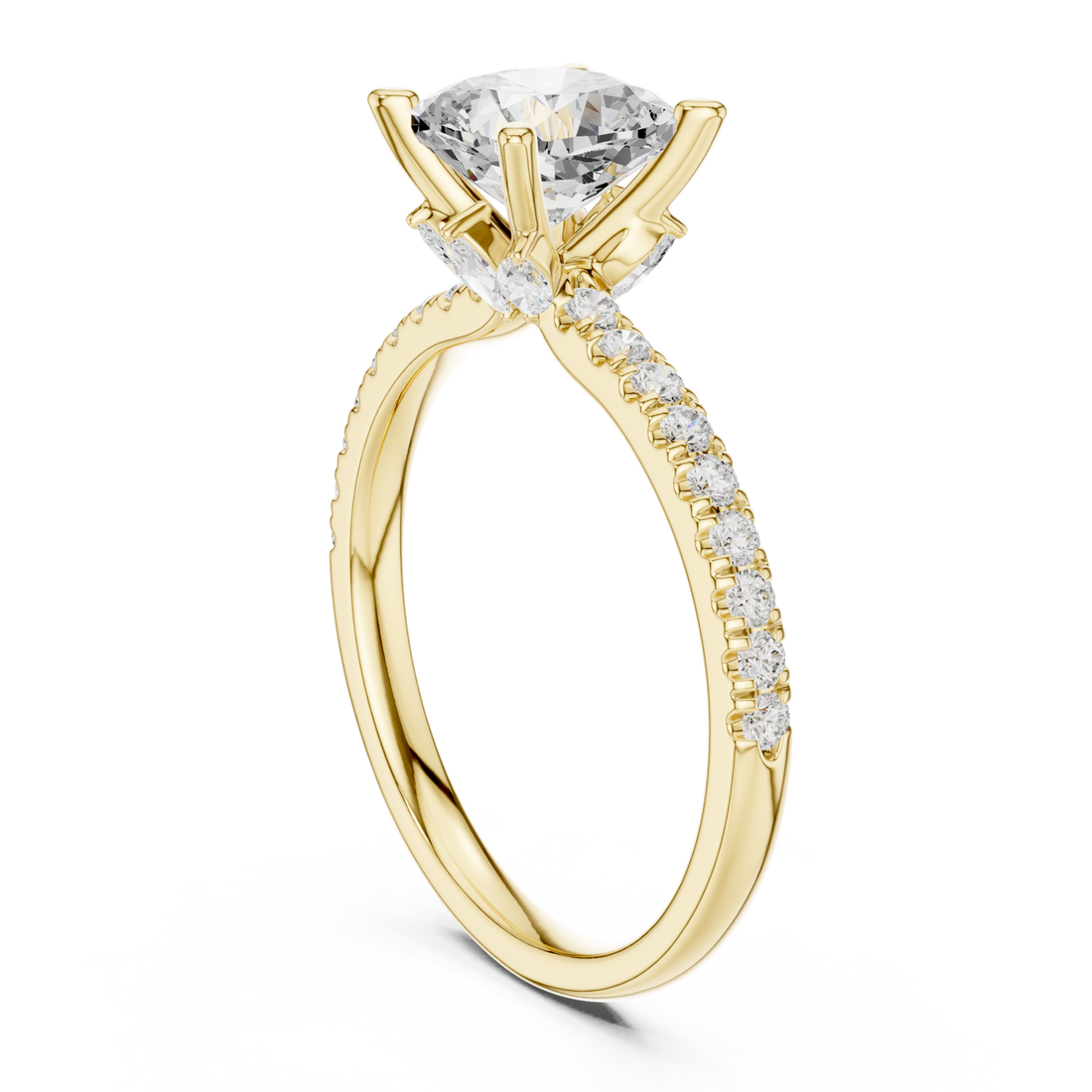 Cushion tulip basket pave engagement ring yellow gold front view