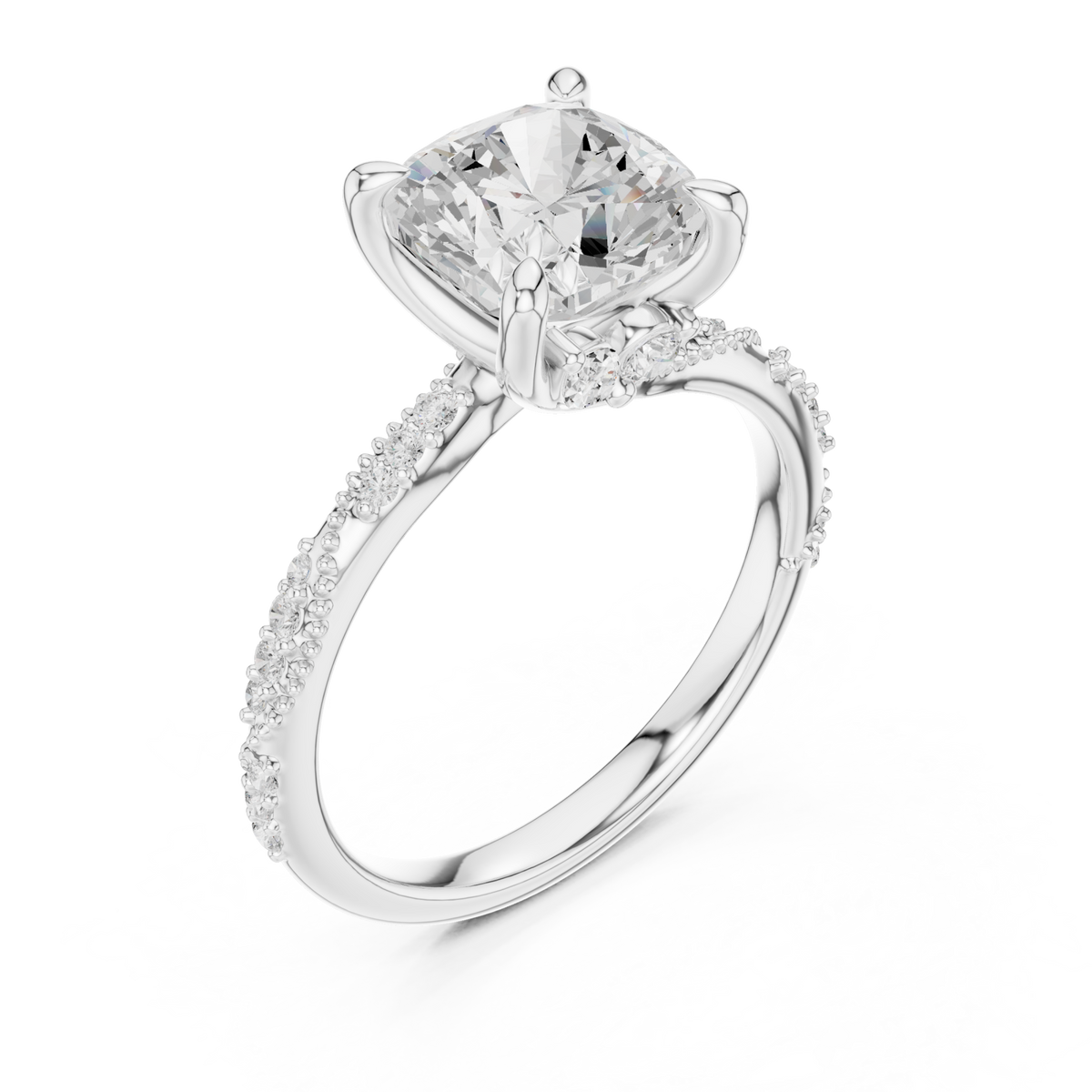 Cushion twist pave engagement ring white gold angle view