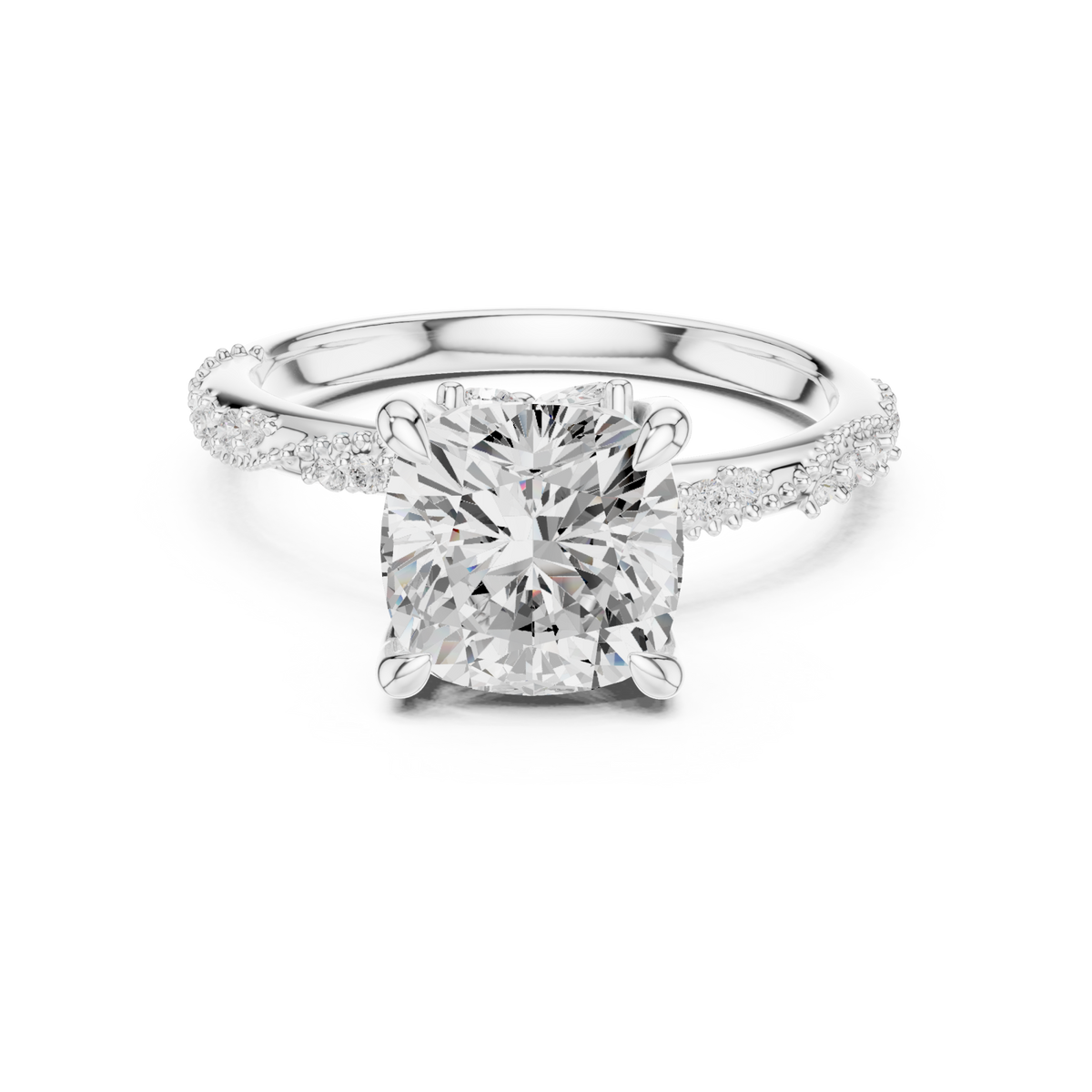 Cushion twist pave engagement ring white gold detail view