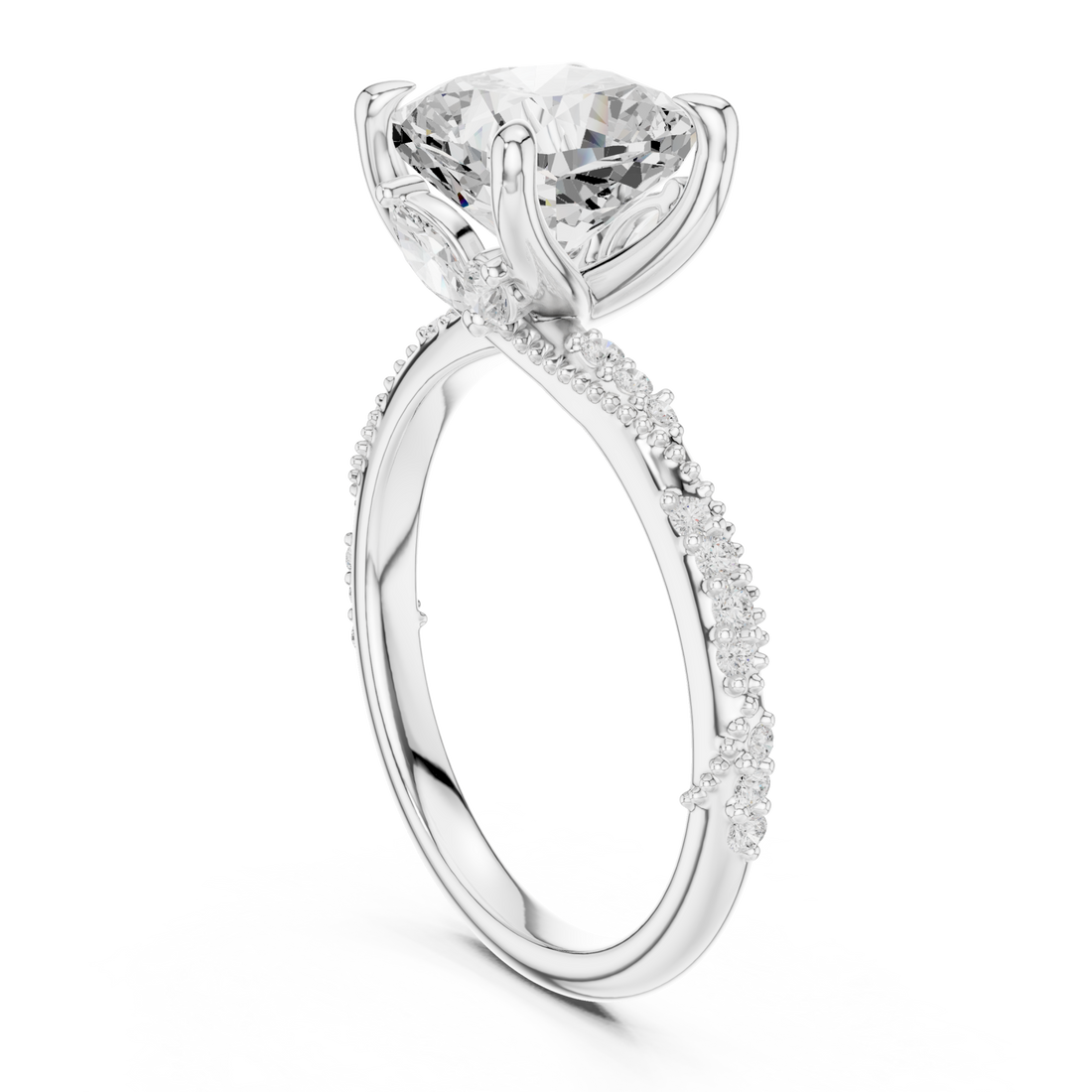 Cushion twist pave engagement ring white gold front view