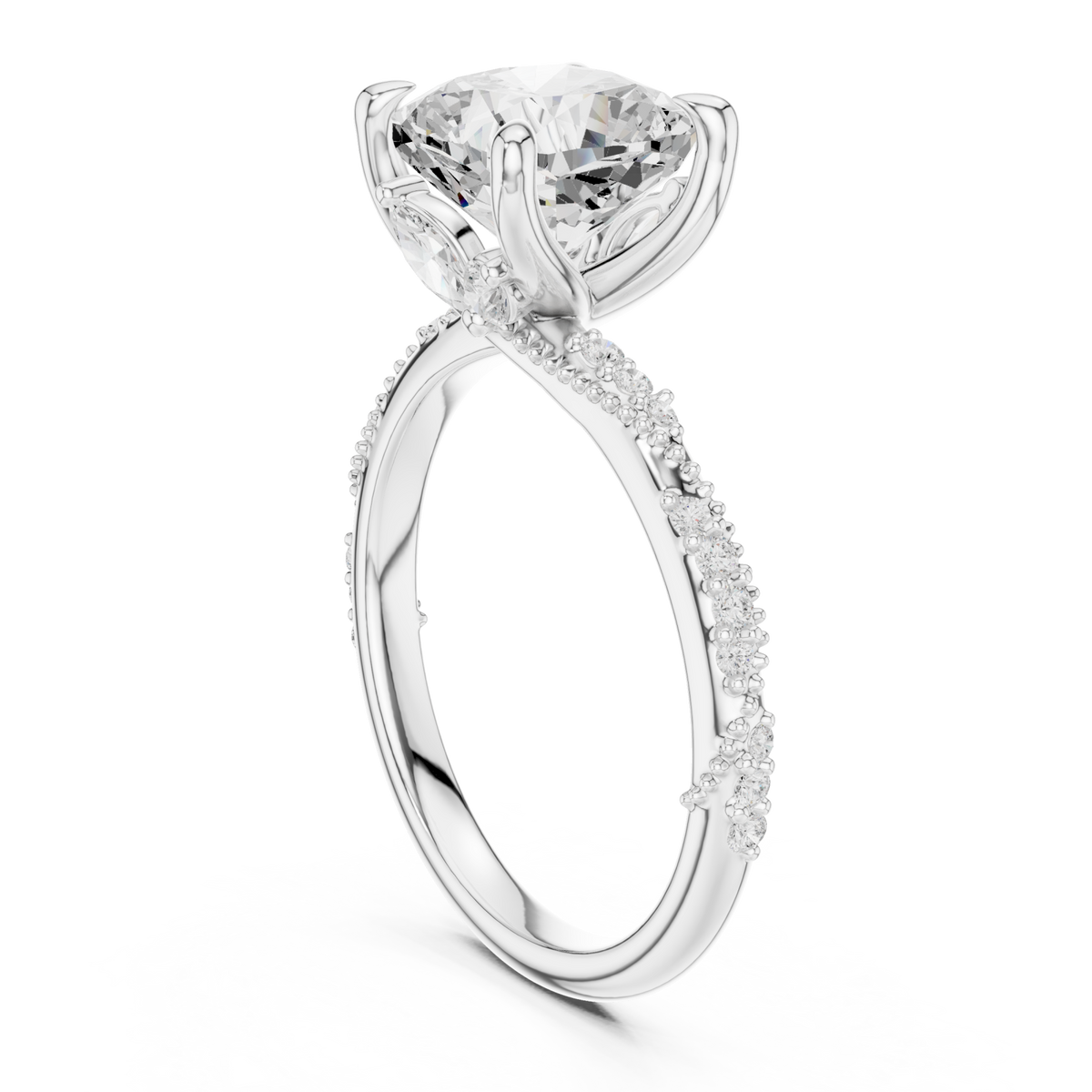 Cushion twist pave engagement ring white gold front view
