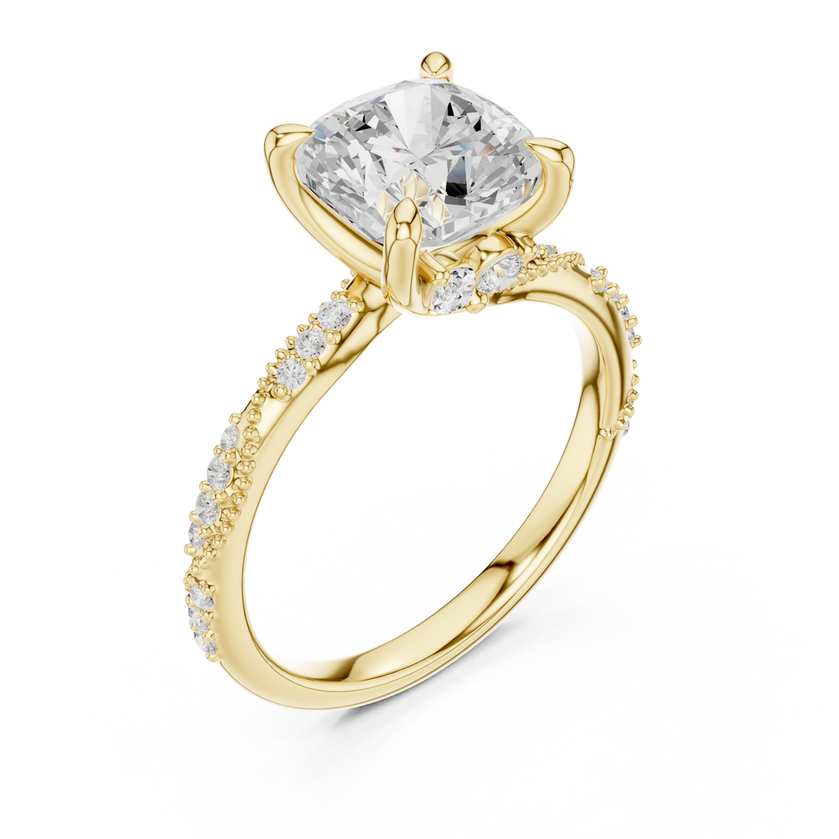 Cushion twist pave engagement ring yellow gold angle view