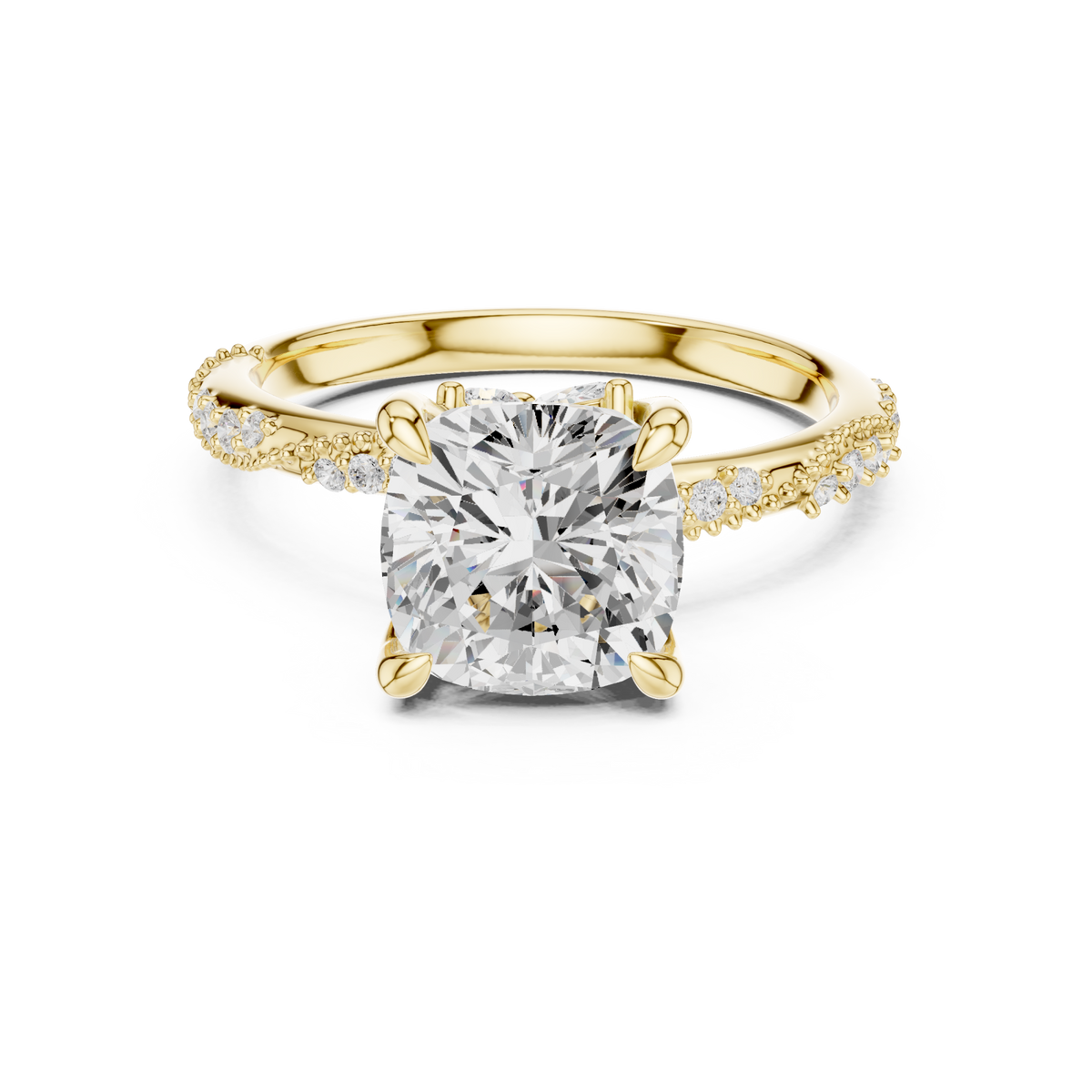 Cushion twist pave engagement ring yellow gold detail view
