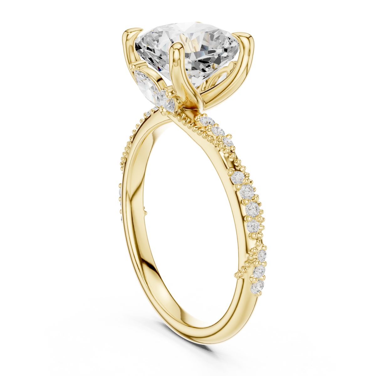 Cushion twist pave engagement ring yellow gold front view