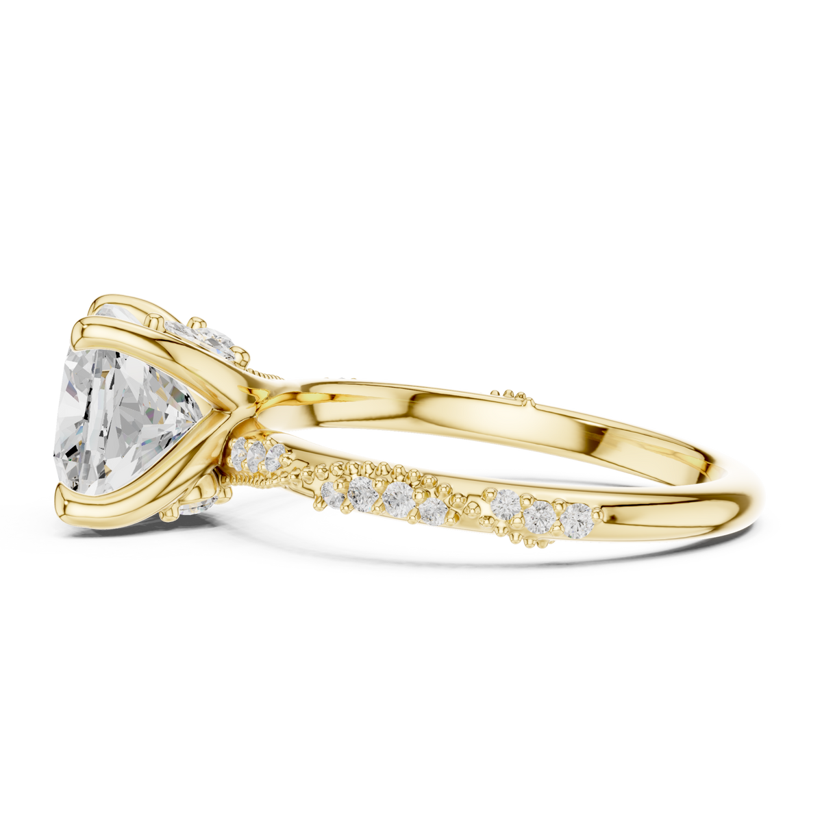 Cushion twist pave engagement ring yellow gold side view