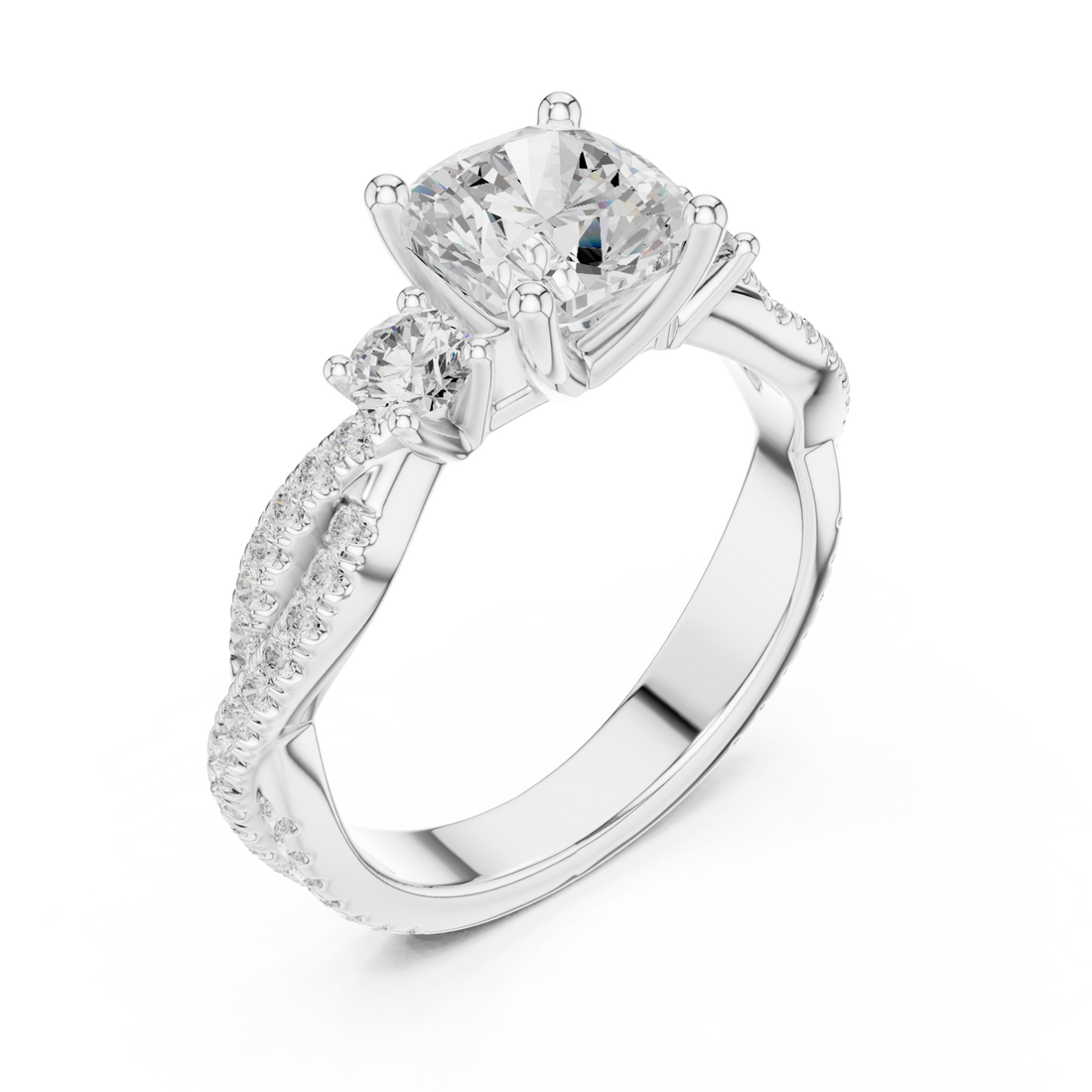 Cushion twist three stone engagement ring white gold front view