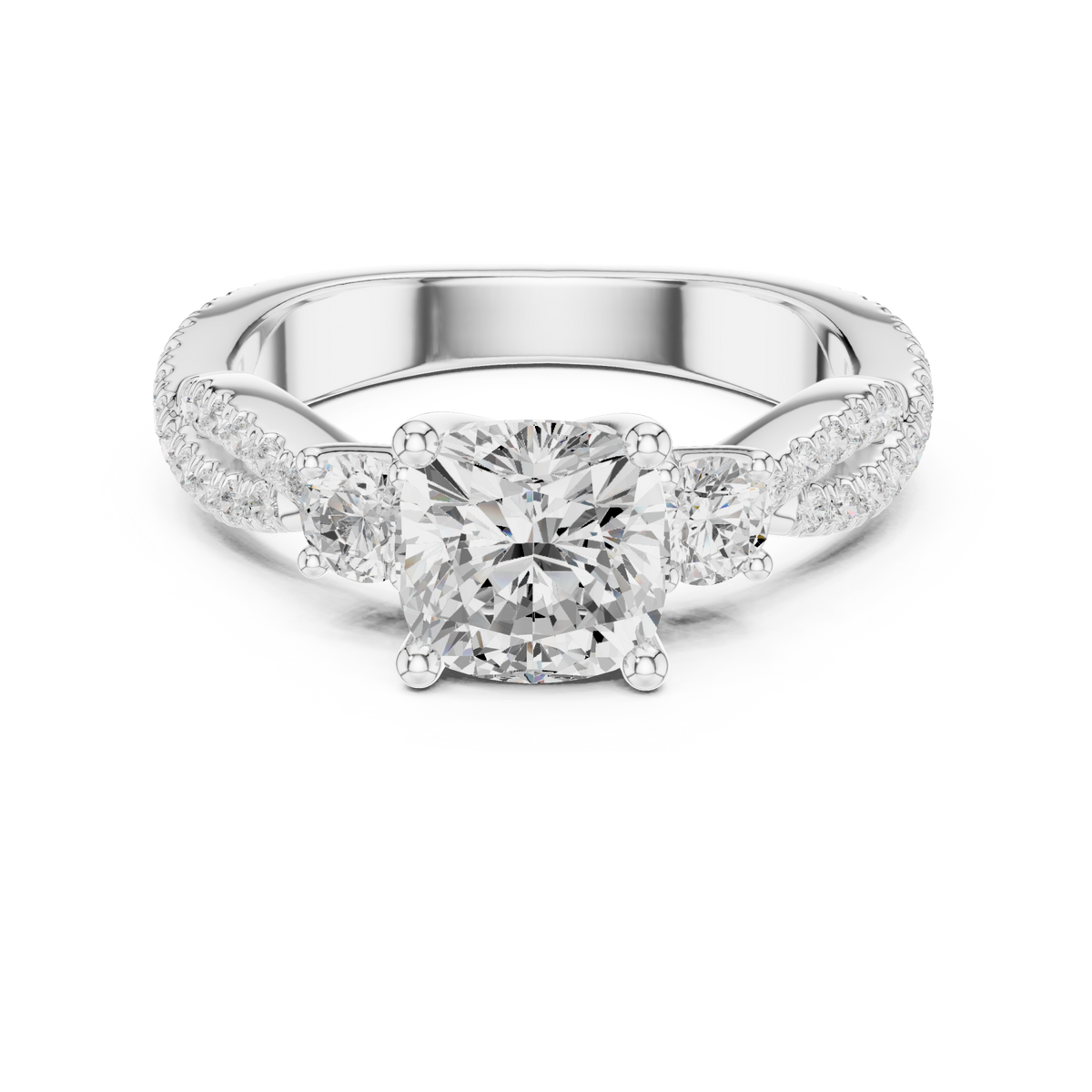 Cushion twist three stone engagement ring white gold detail view