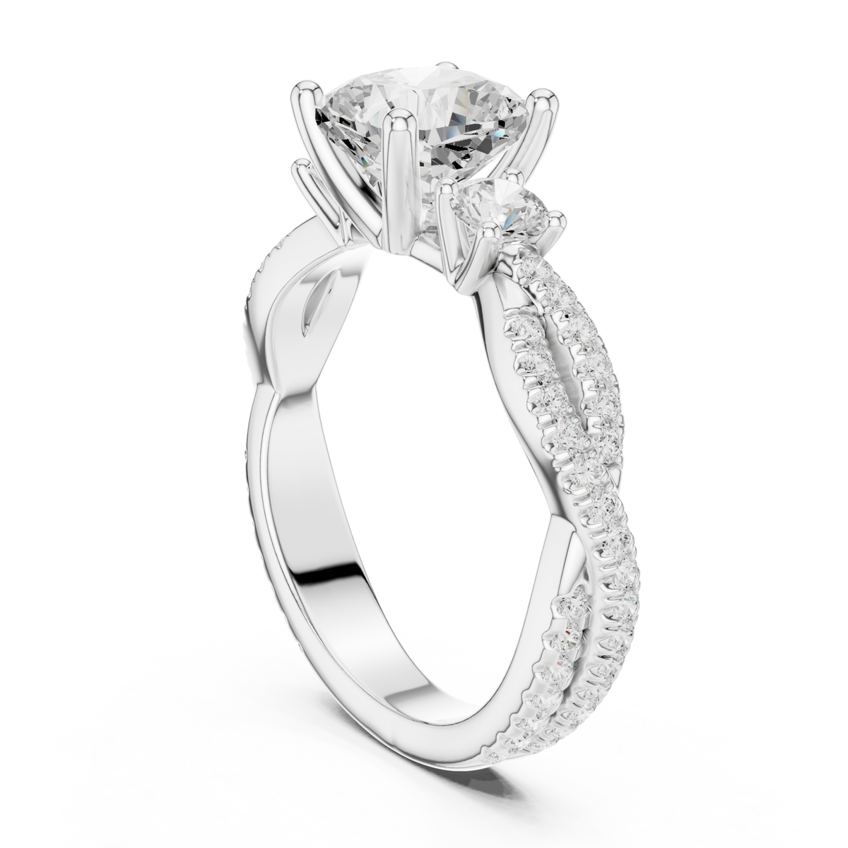 Cushion twist three stone engagement ring white gold front view