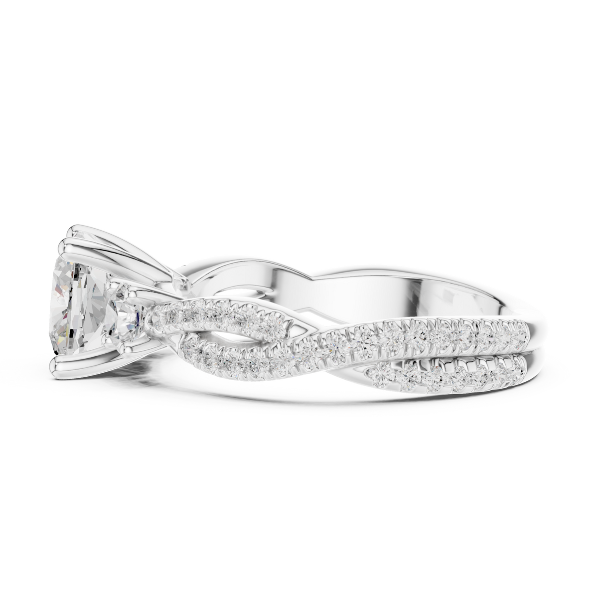 Cushion twist three stone engagement ring white gold side view