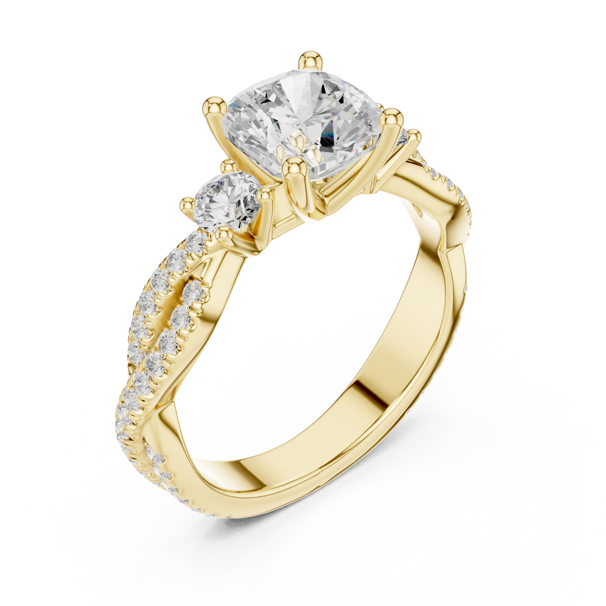 Cushion twist three stone engagement ring yellow gold angle view