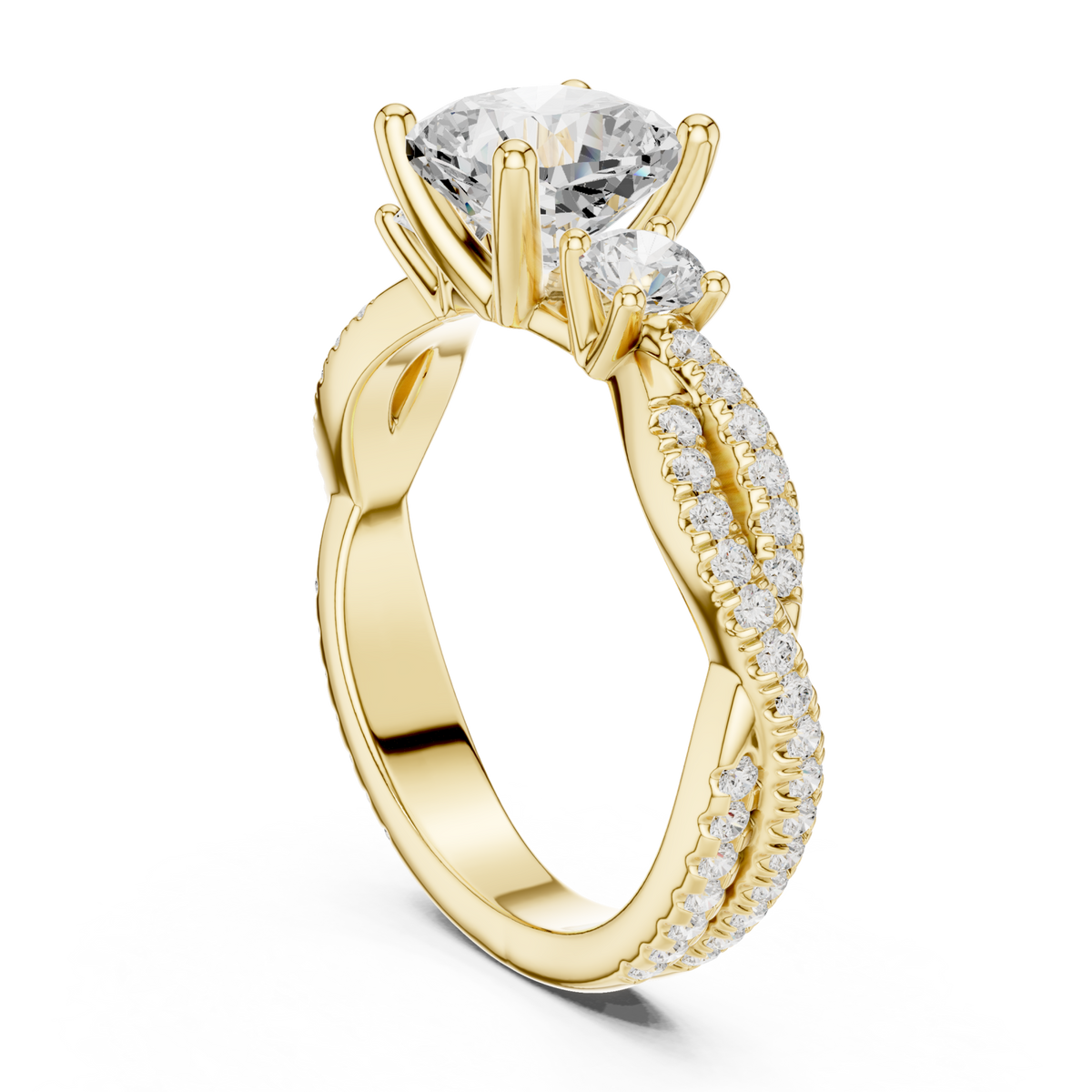 Cushion twist three stone engagement ring yellow gold front view