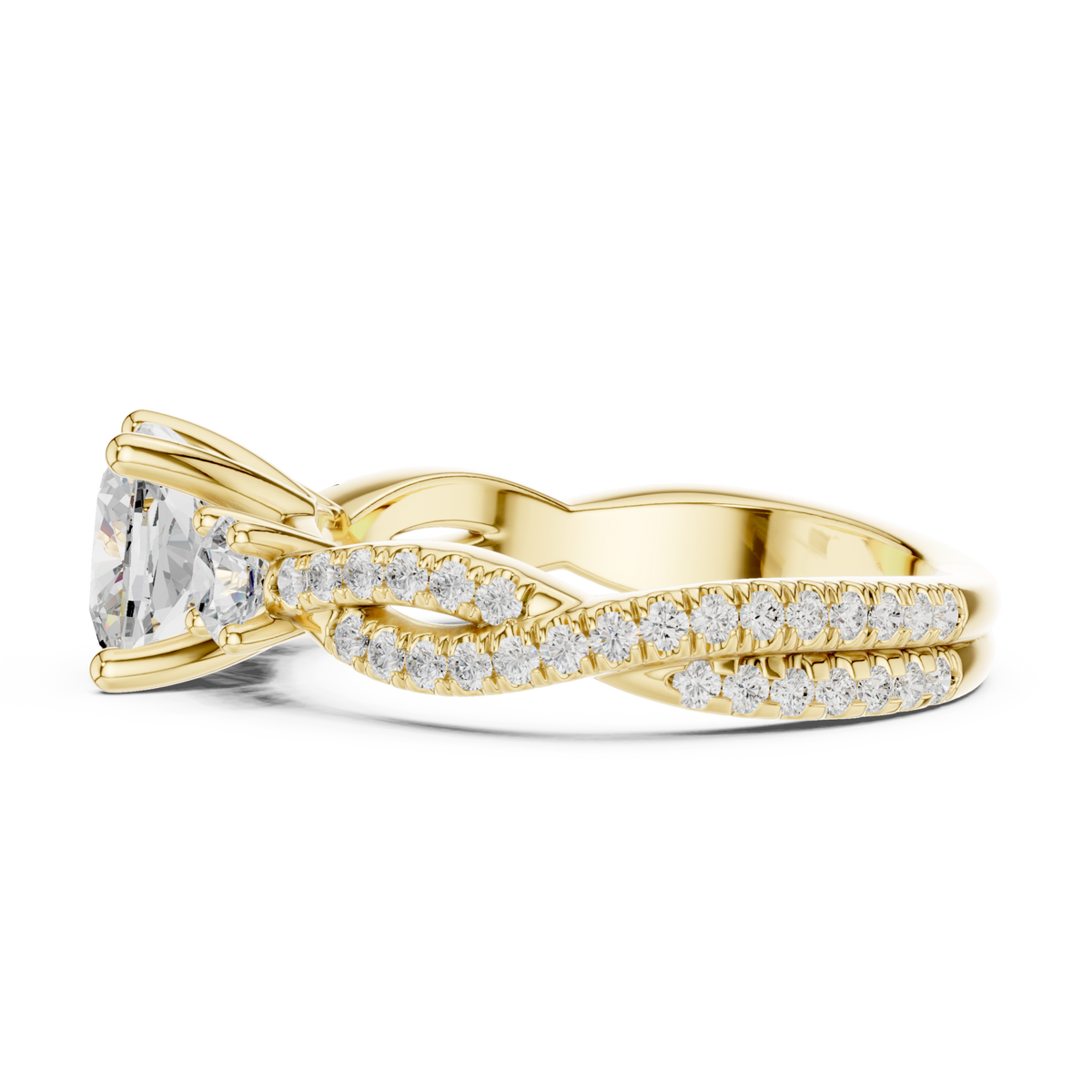 Cushion twist three stone engagement ring yellow gold side view