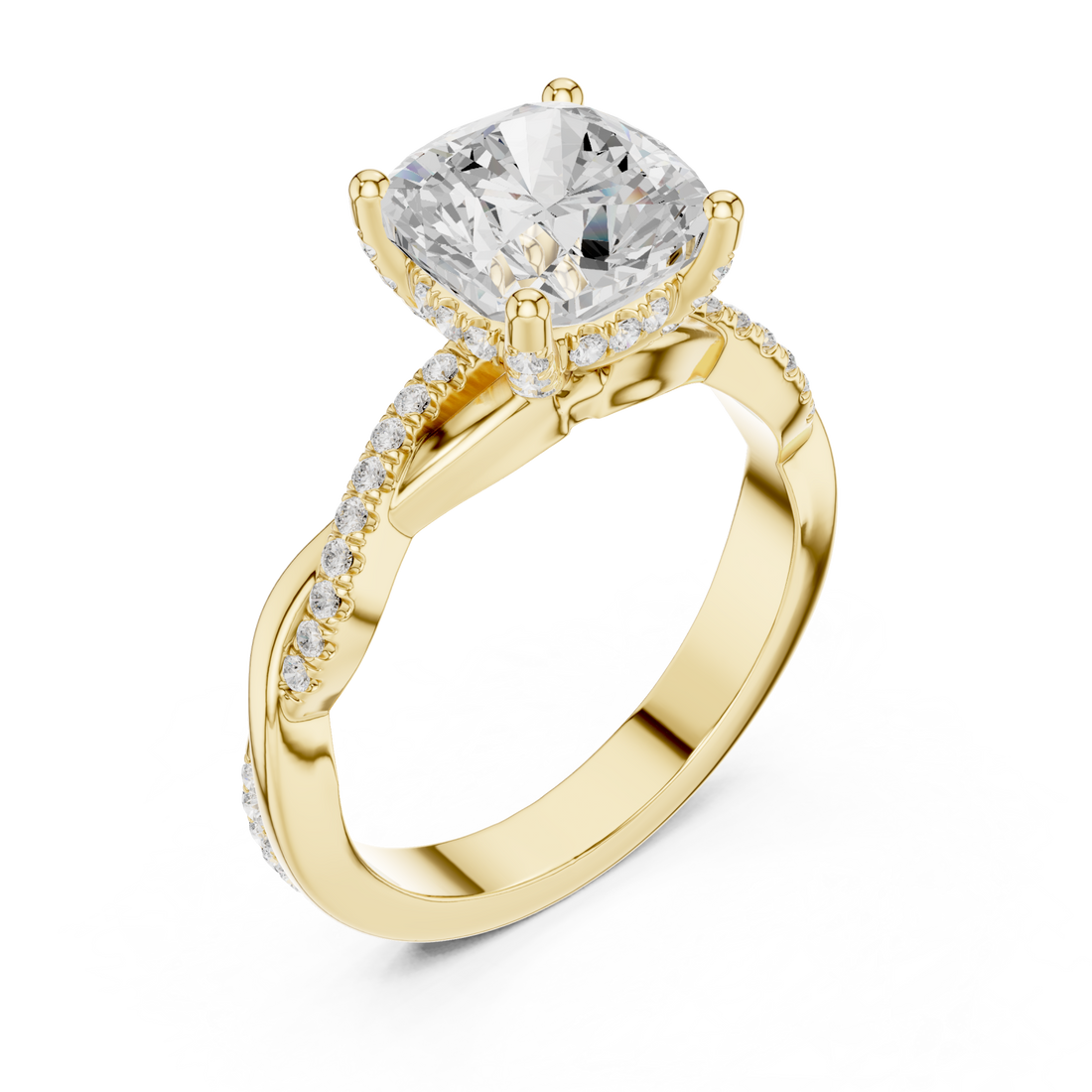 Cushion twisted vine pave engagement ring yellow gold front view