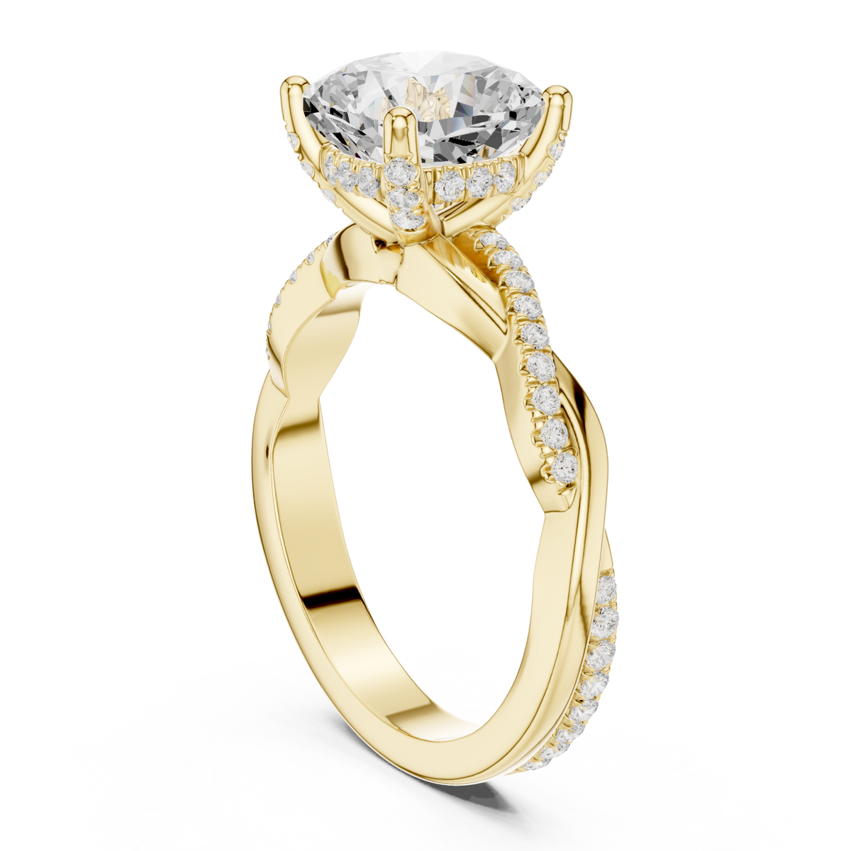 Cushion twisted vine pave engagement ring yellow gold front view