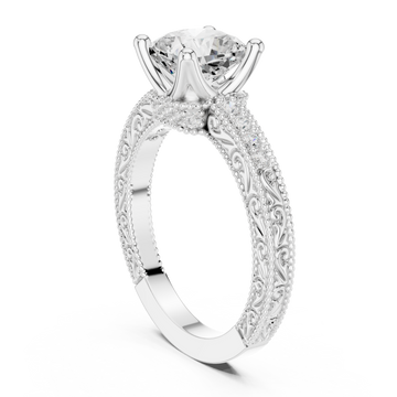 Cushion vintage engraved pave engagement ring white gold front view