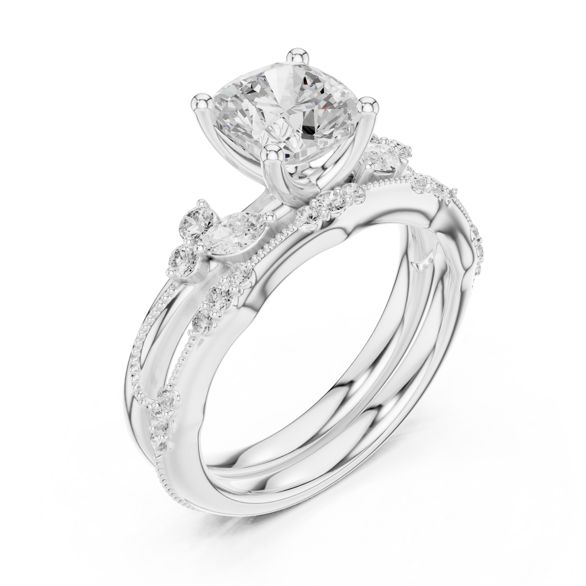 Cushion vintage marquise bridal set white gold angle view