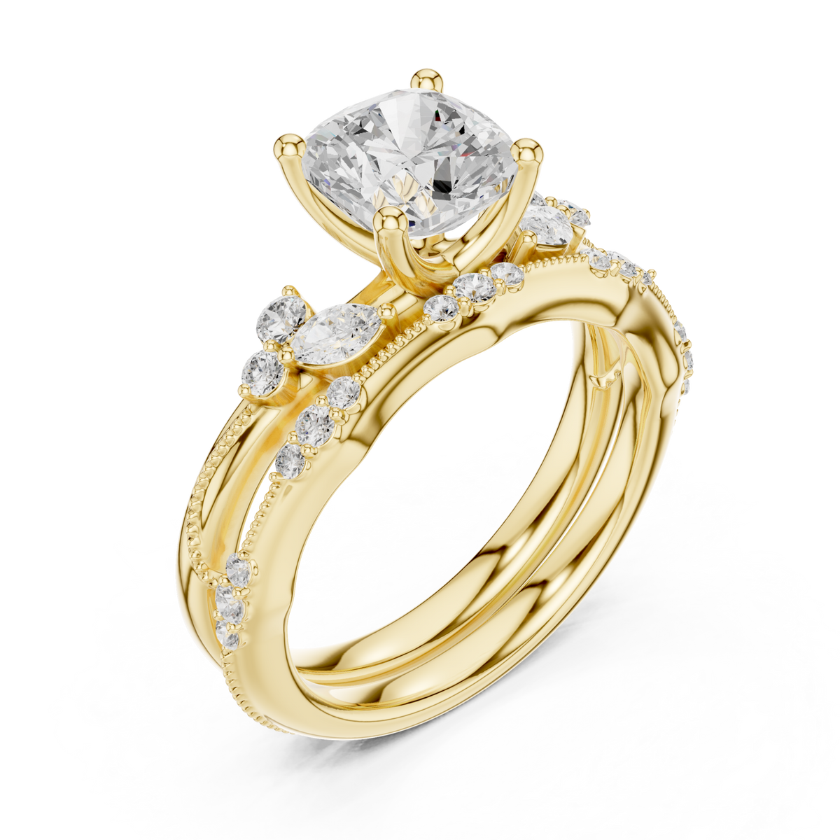 Cushion vintage marquise bridal set yellow gold angle view